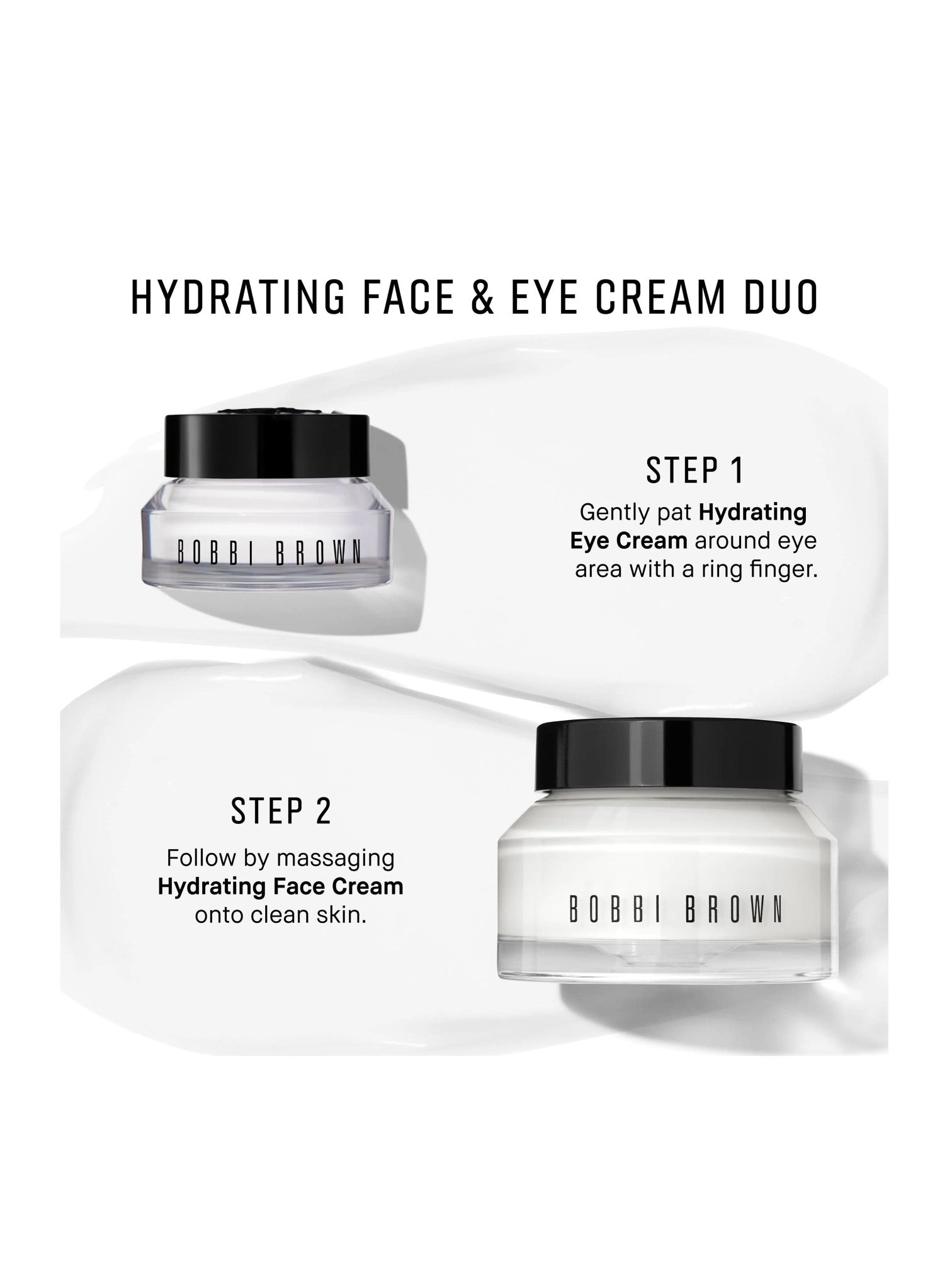 Bobbi Brown hydrating face and eye cream duo with usage instructions on a white background. Bobbi Brown, Monza Outlet, Monza Fashion, Shein Outlet