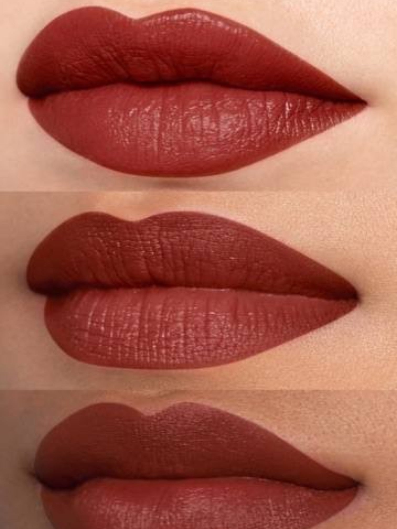 Three close-up views of a dark red lipstick on lips. Bobbi Brown, Monza Outlet, Monza Fashion, Shein Outlet