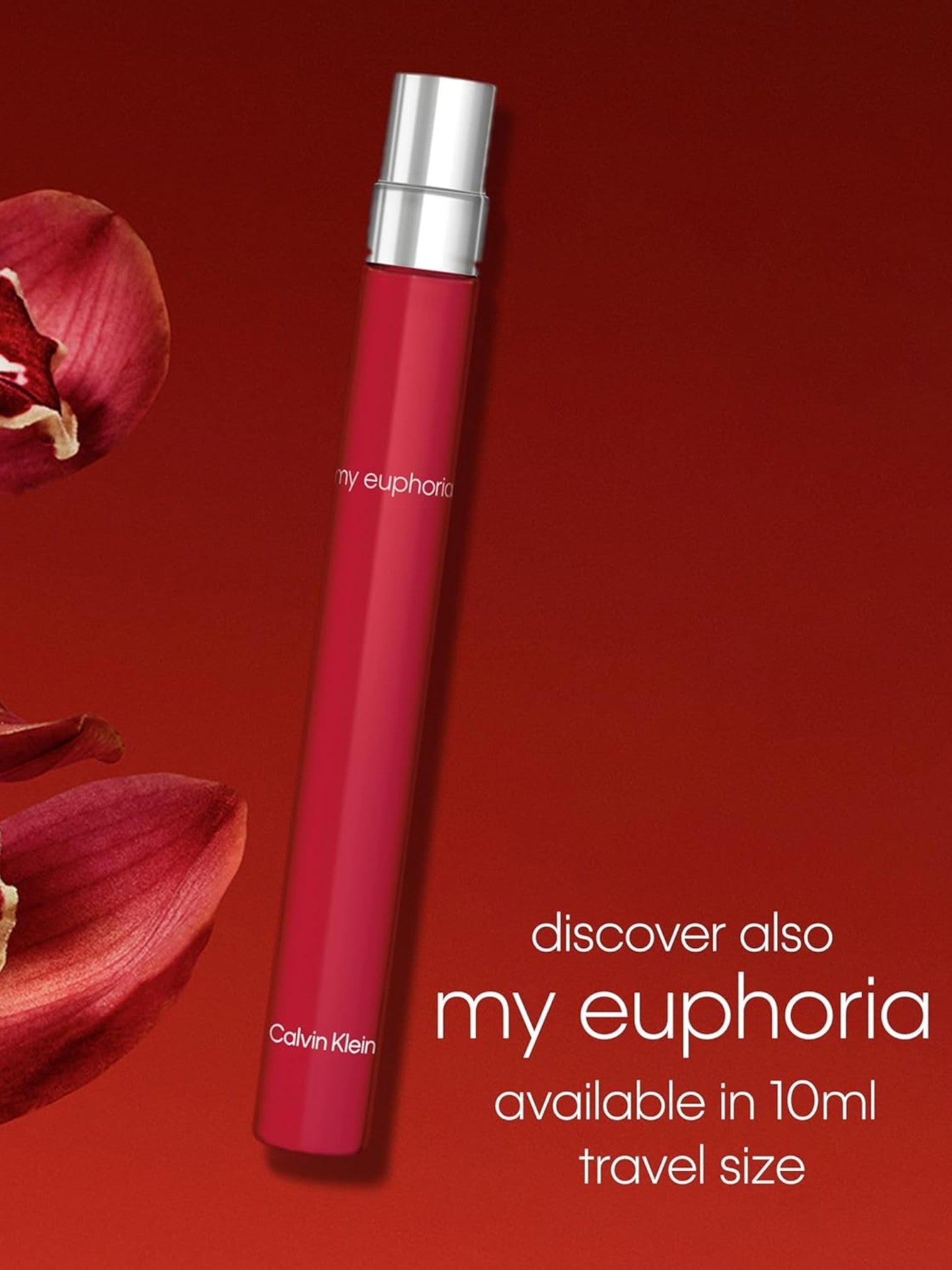 Pink Calvin Klein perfume bottle with silver cap on a red background monza outlet, Shein outlet, monza fashion