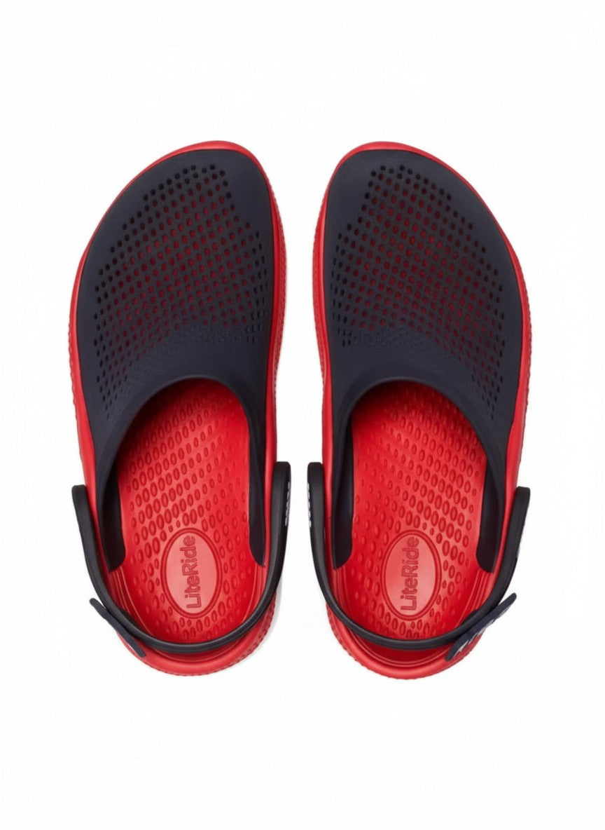 Red and black sandals with a visible brand logo on a white background.  Crocs, Monza Outlet, Monza Fashion, Shein Outlet 