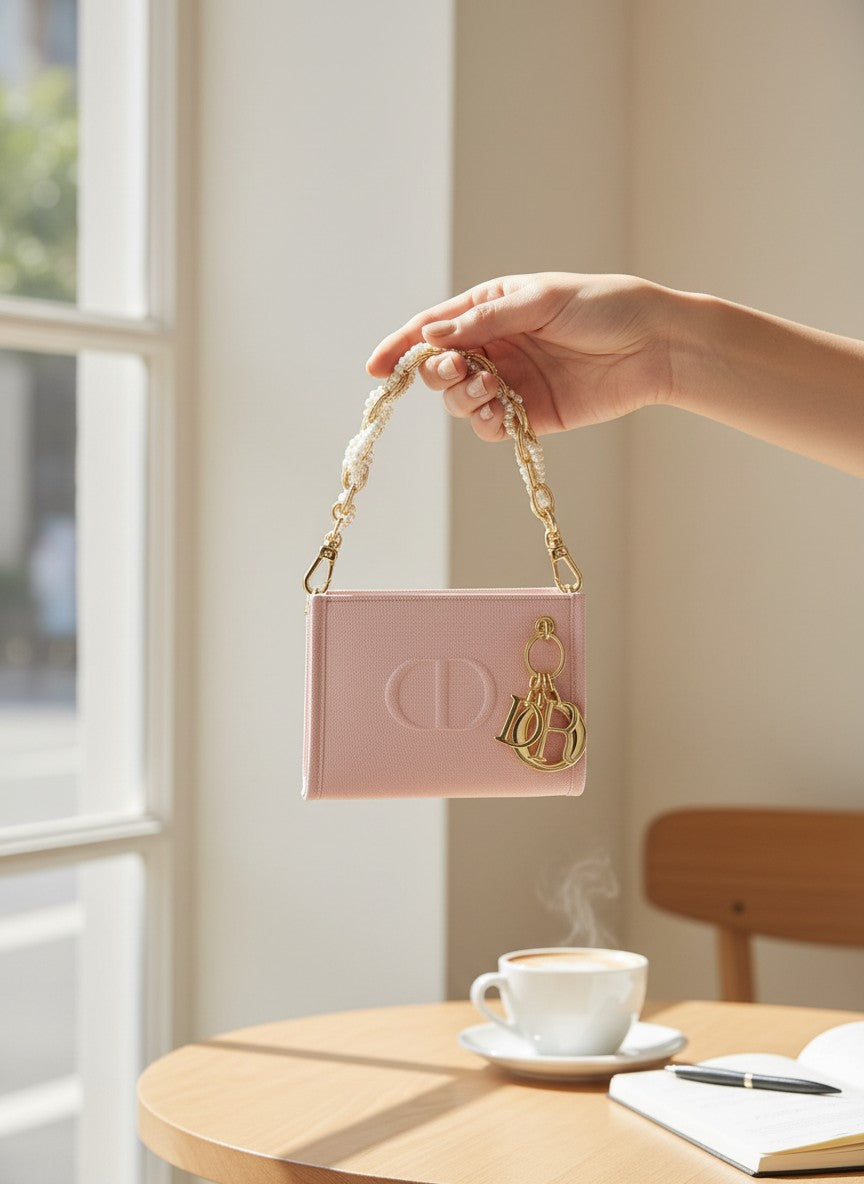 Pink handbag with gold chain held above a table with a cup of coffee and notebook. Dior, Monza Outlet, Monza Fashion, Shein Outlet 