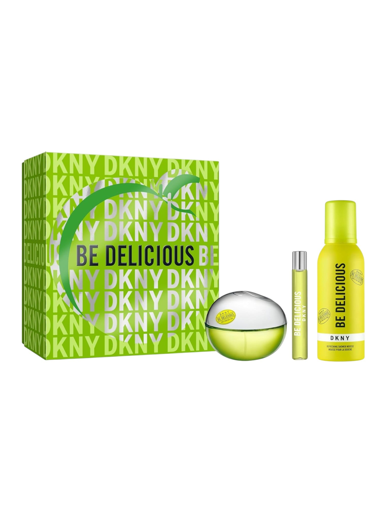 DKNY Be Delicious perfume set with green box, bottle, and spray on a white background. Dkny, Monza Outlet, Monza Fashion, Shein Outlet
