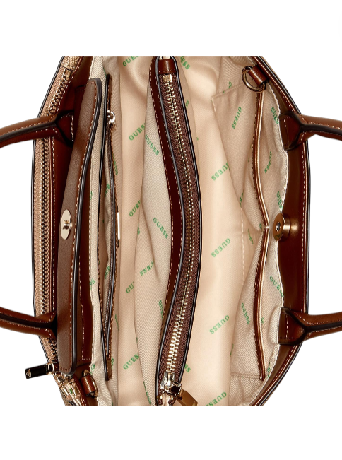 Brown handbag with zippers and a visible brand logo on a white background. Guess, Monza Outlet, Monza Fashion, Shein Outlet