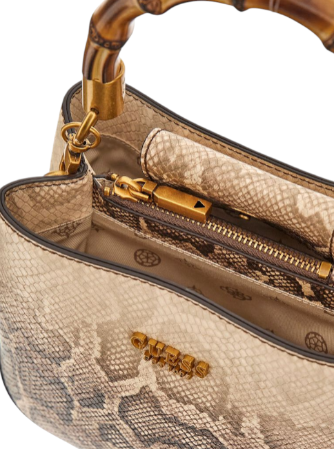Close-up of a beige handbag with gold accents and a snake print pattern. Guess, Monza Outlet, Monza Fashion, Shein Outlet