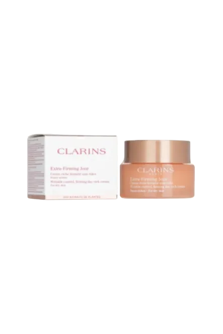 Clarins Extra-Firming Day Cream jar and packaging on a white background. Clarins, Monza Outlet, Monza Fashion, Shein Outlet