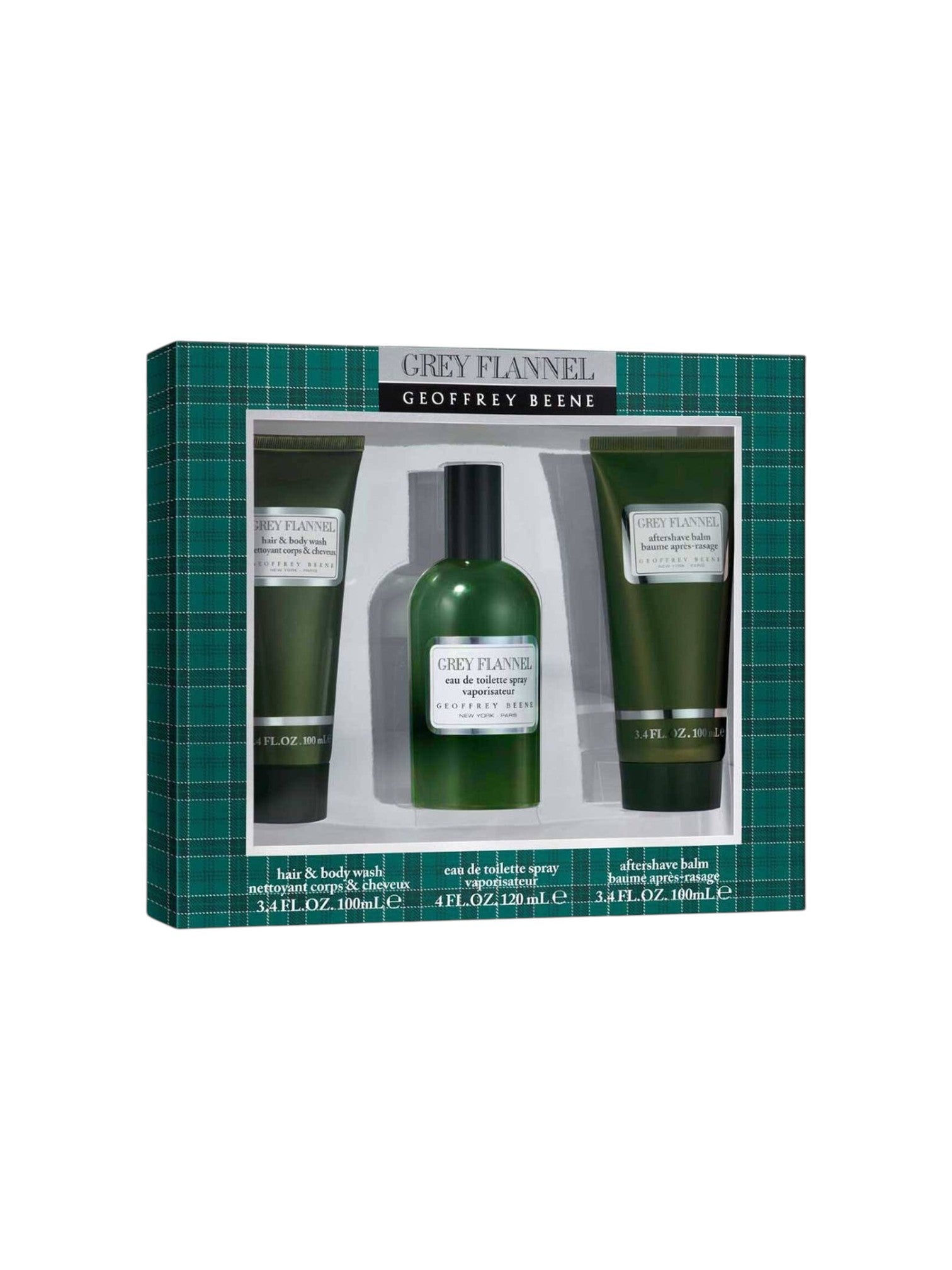 Grooming set with bottles and tubes in a Grey Flannel branded box on a white background. Geoffrey Beene, Monza Outlet, Monza Fashion, Shein Outlet