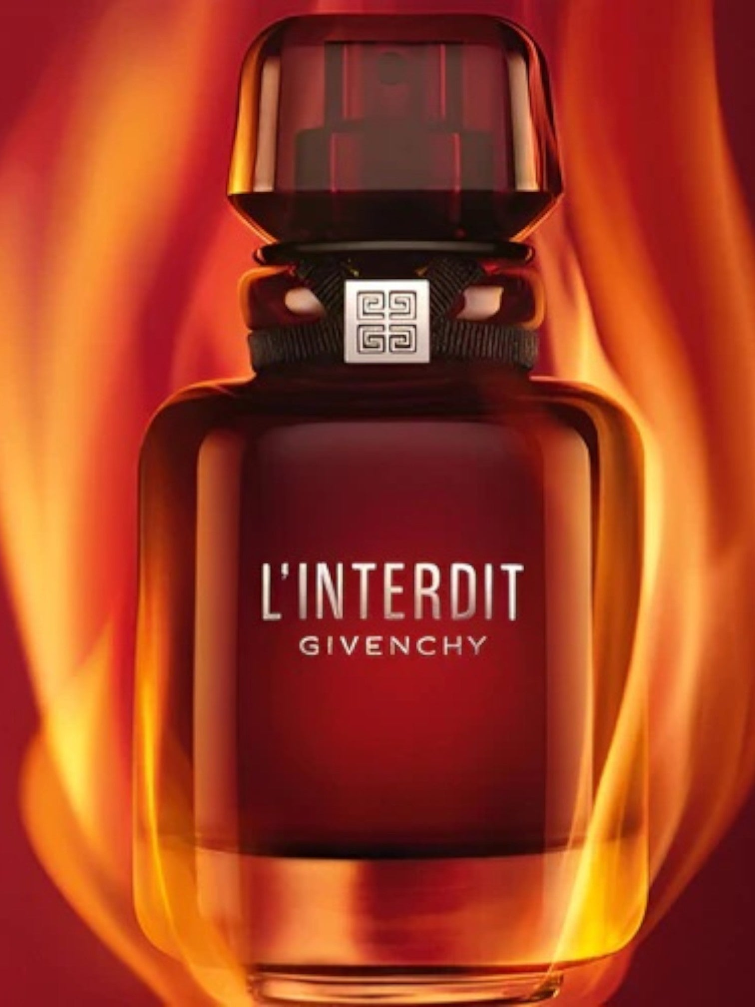 Givenchy L'Interdit perfume bottle with fiery background monza outlet, Shein outlet, monza fashion