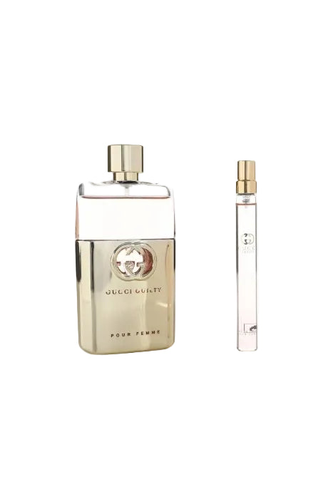 Gucci Guilty Pour Femme perfume bottle and smaller version on a white background Monza Outlet