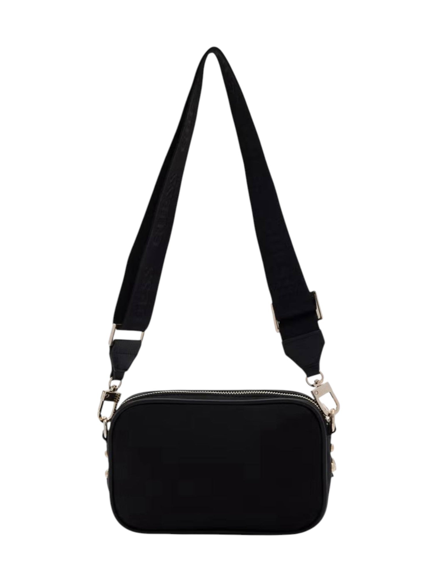 Black shoulder bag with a strap on a white background. Guess, Monza Outlet, Monza Fashion, Shein Outlet