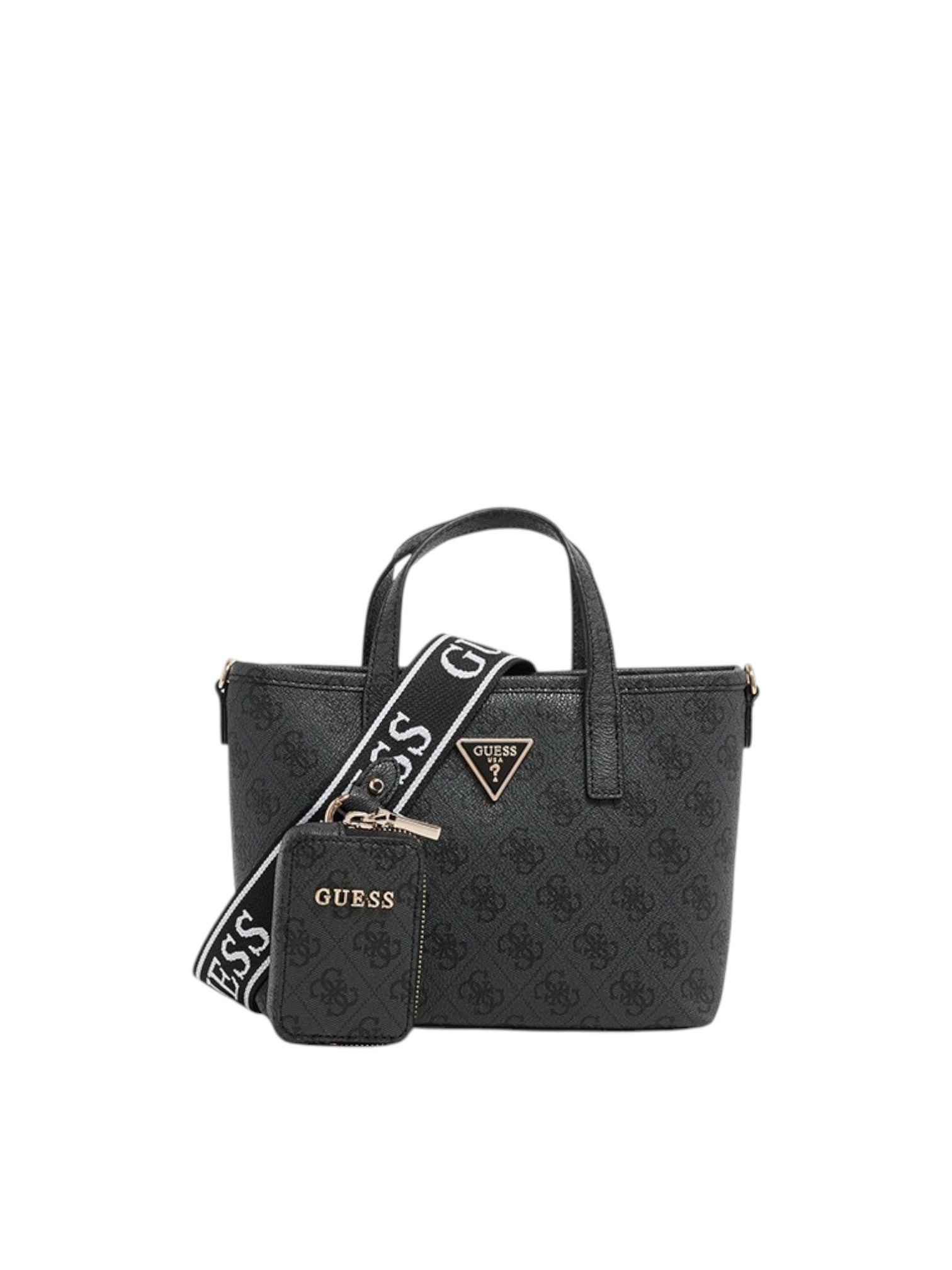 Black handbag with matching pouch featuring Guess logo on a white background. Guess, Monza Outlet, Monza Fashion, Shein Outlet