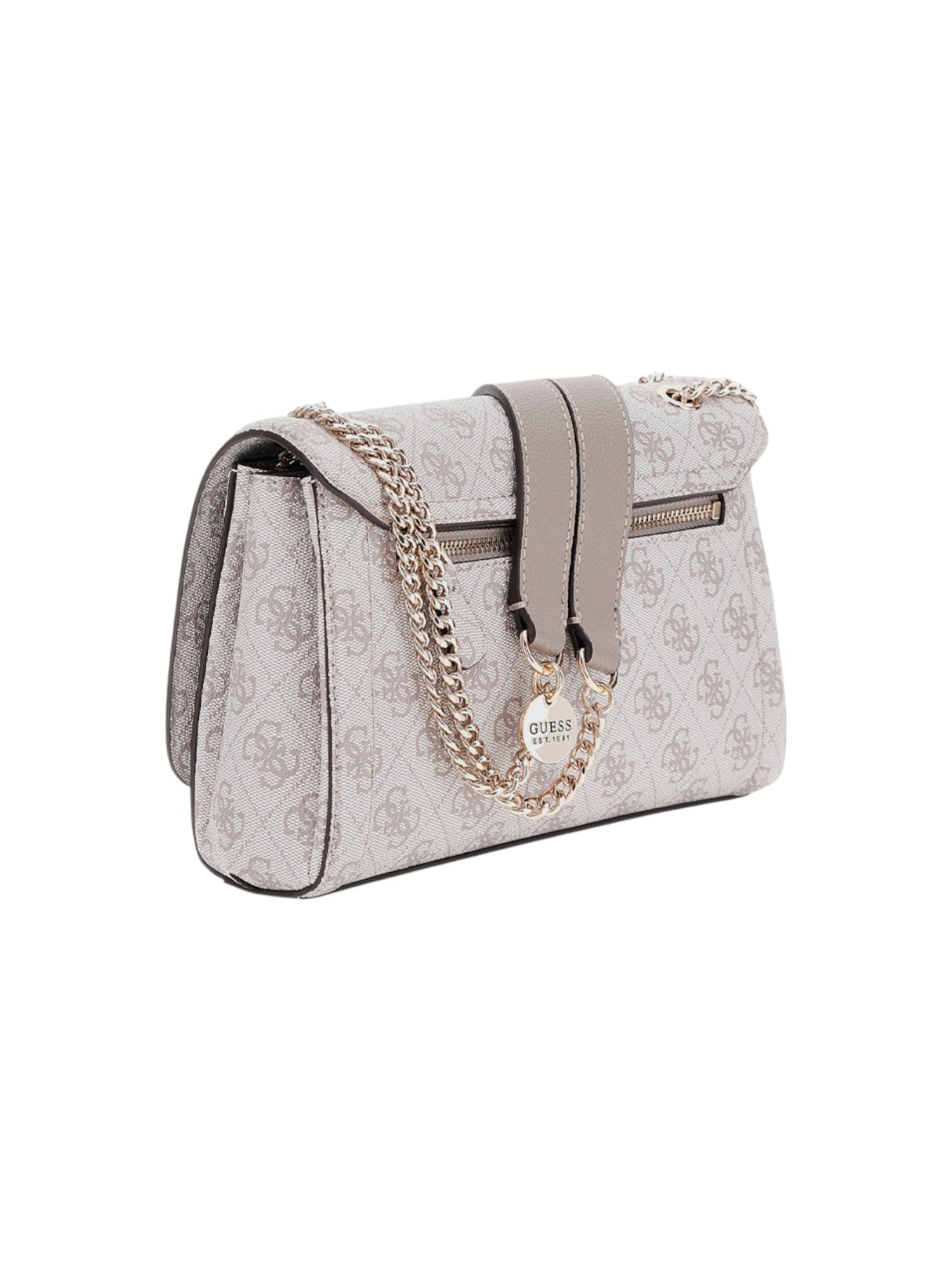 White handbag with gold chain detail on a white background. Guess, Monza Outlet, Monza Fashion, Shein Outlet