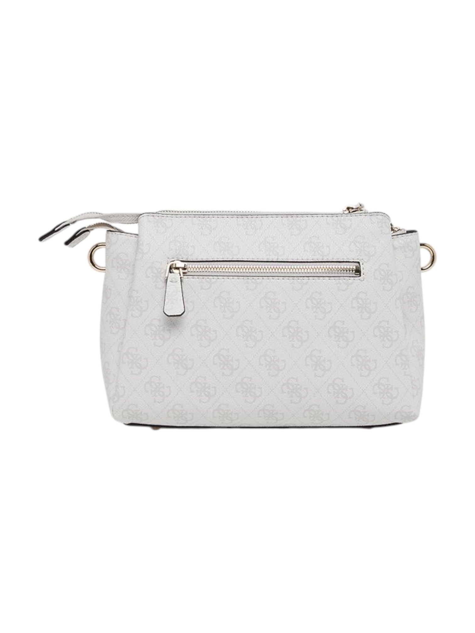 Light gray crossbody bag with gold zipper on a white background. Guess, Monza Outlet, Monza Fashion, Shein Outlet
