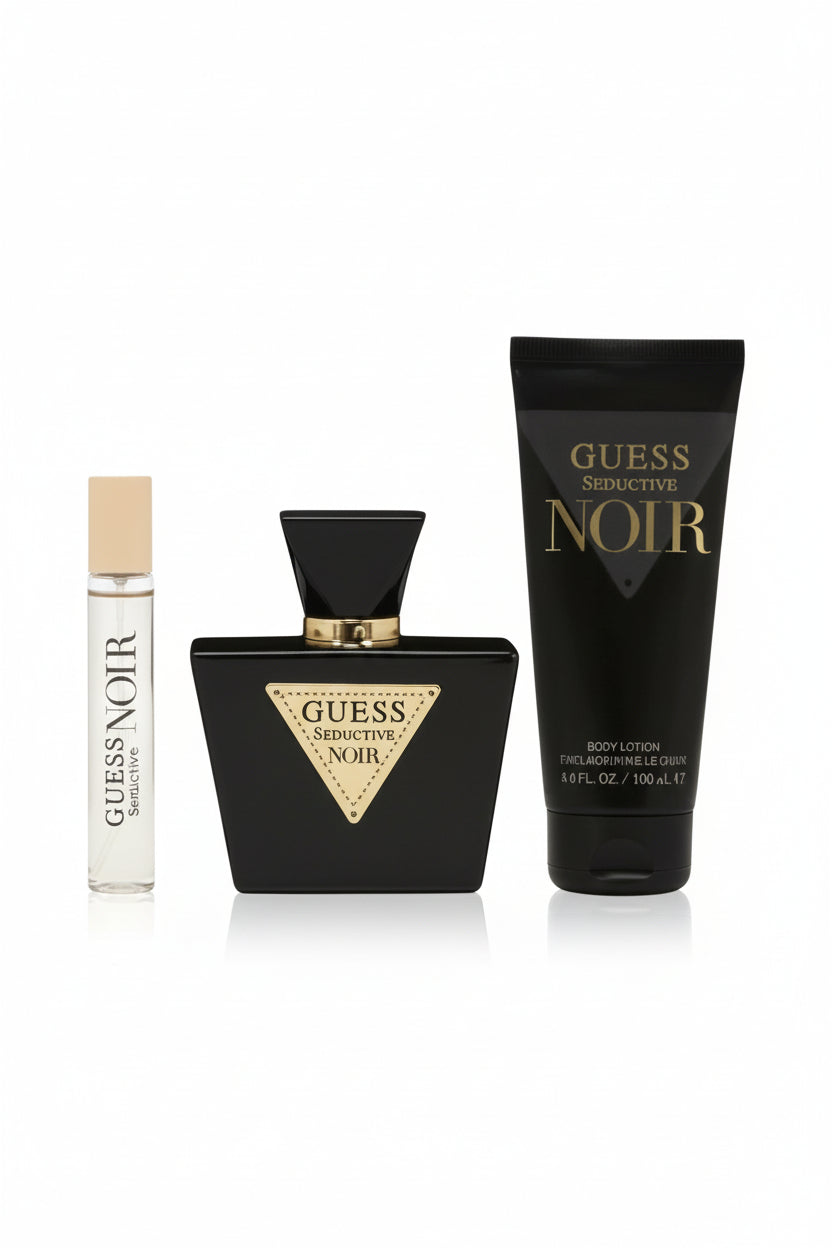 Guess Seductive Noir perfume set on a white background. Guess, Monza Outlet, Monza Fashion, Shein Outlet