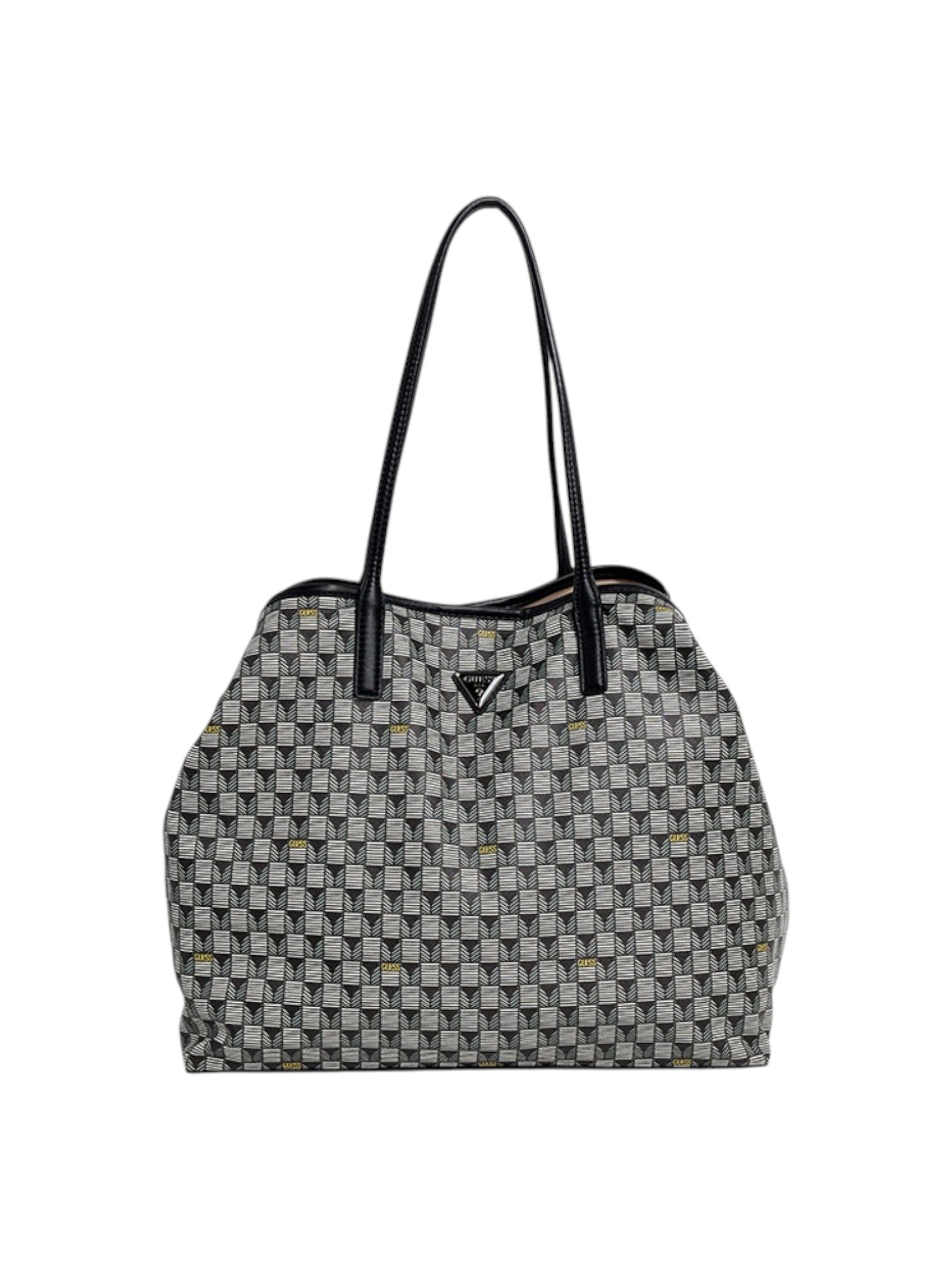 Gray patterned handbag with black handles on a white background. Guess, Monza Outlet, Monza Fashion, Shein Outlet