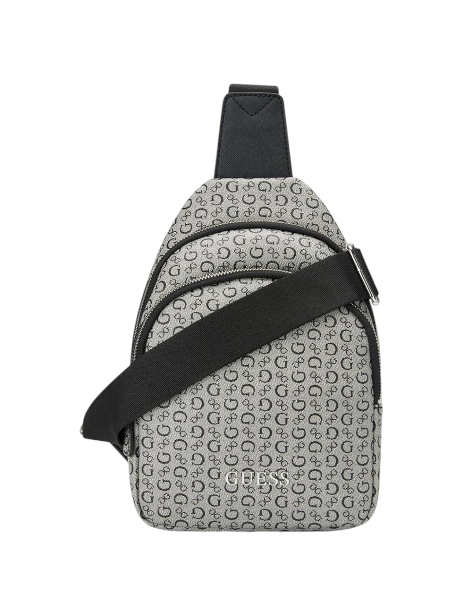 Patterned crossbody bag with black strap on a white background. Guess, Monza Outlet, Monza Fashion, Shein Outlet
