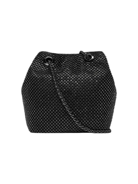 Black woven handbag with a strap on a white background. Guess, Monza Outlet, Monza Fashion, Shein Outlet