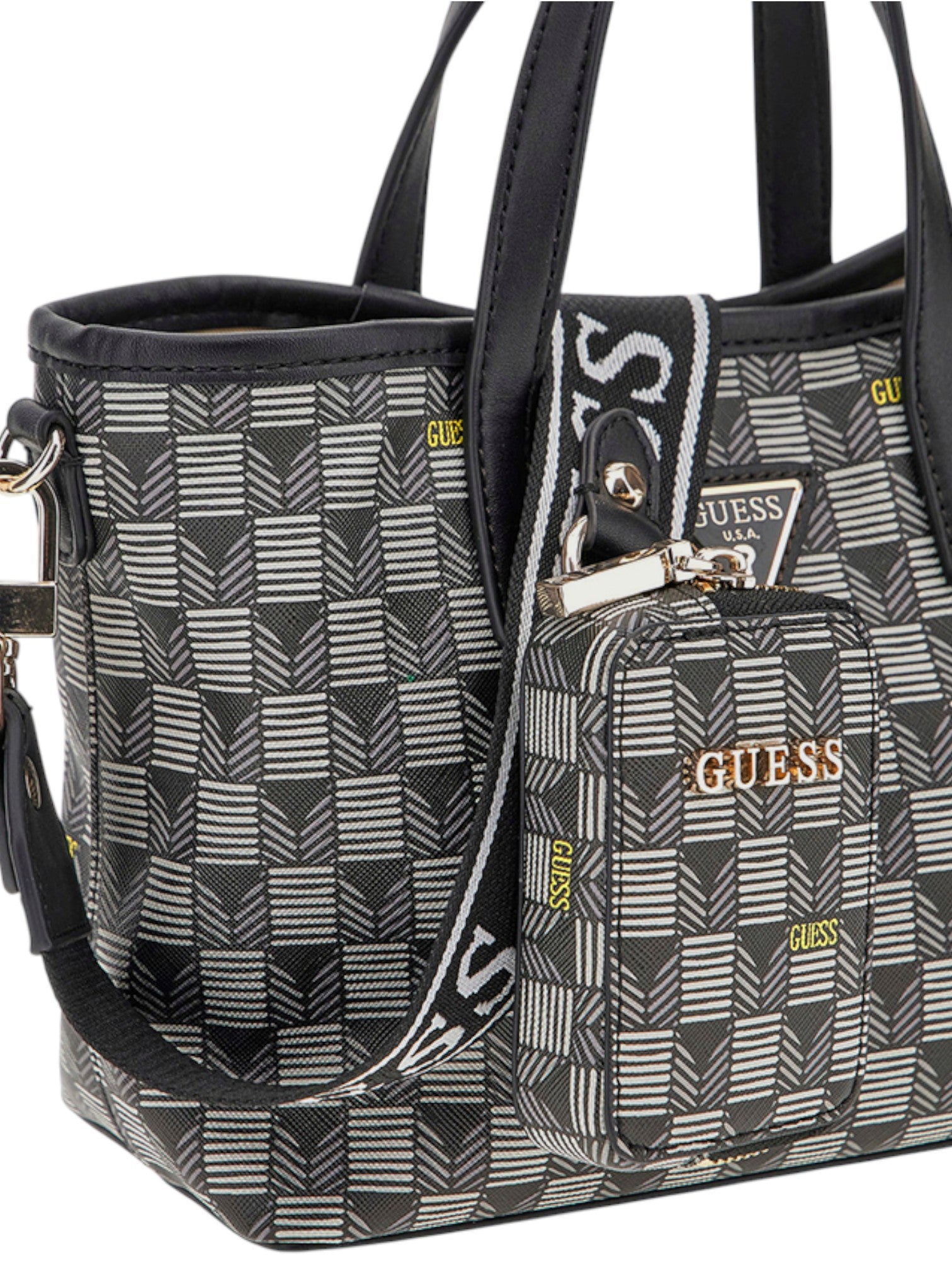 Black and gray patterned handbag with Guess branding on a white background. Guess, Monza Outlet, Monza Fashion, Shein Outlet
