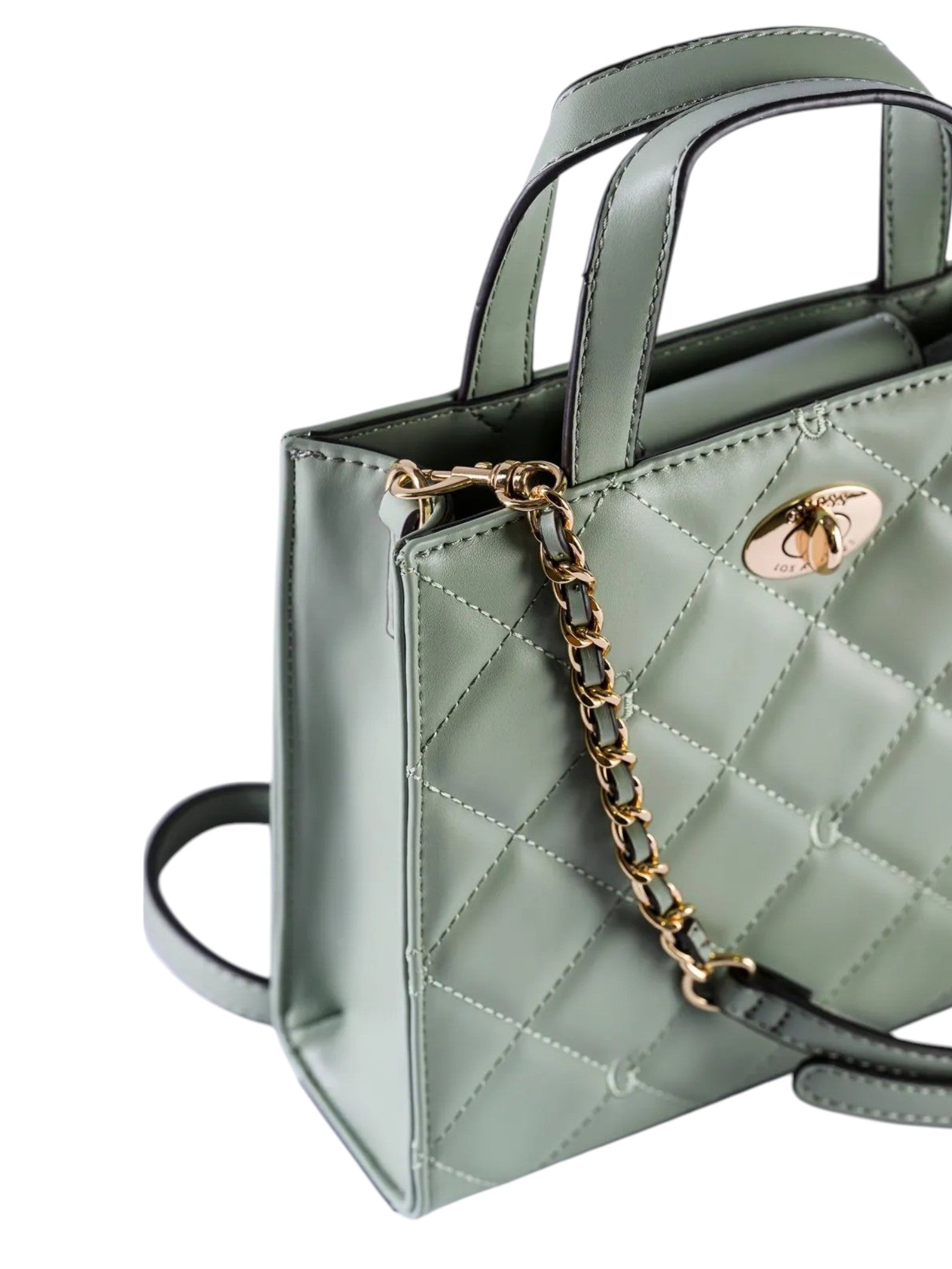 Light green handbag with gold chain detail on a white background. Guess, Monza Outlet, Monza Fashion, Shein Outlet
