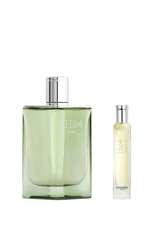 Two perfume bottles labeled 'H24' by Hermes on a white background Monza Outlet