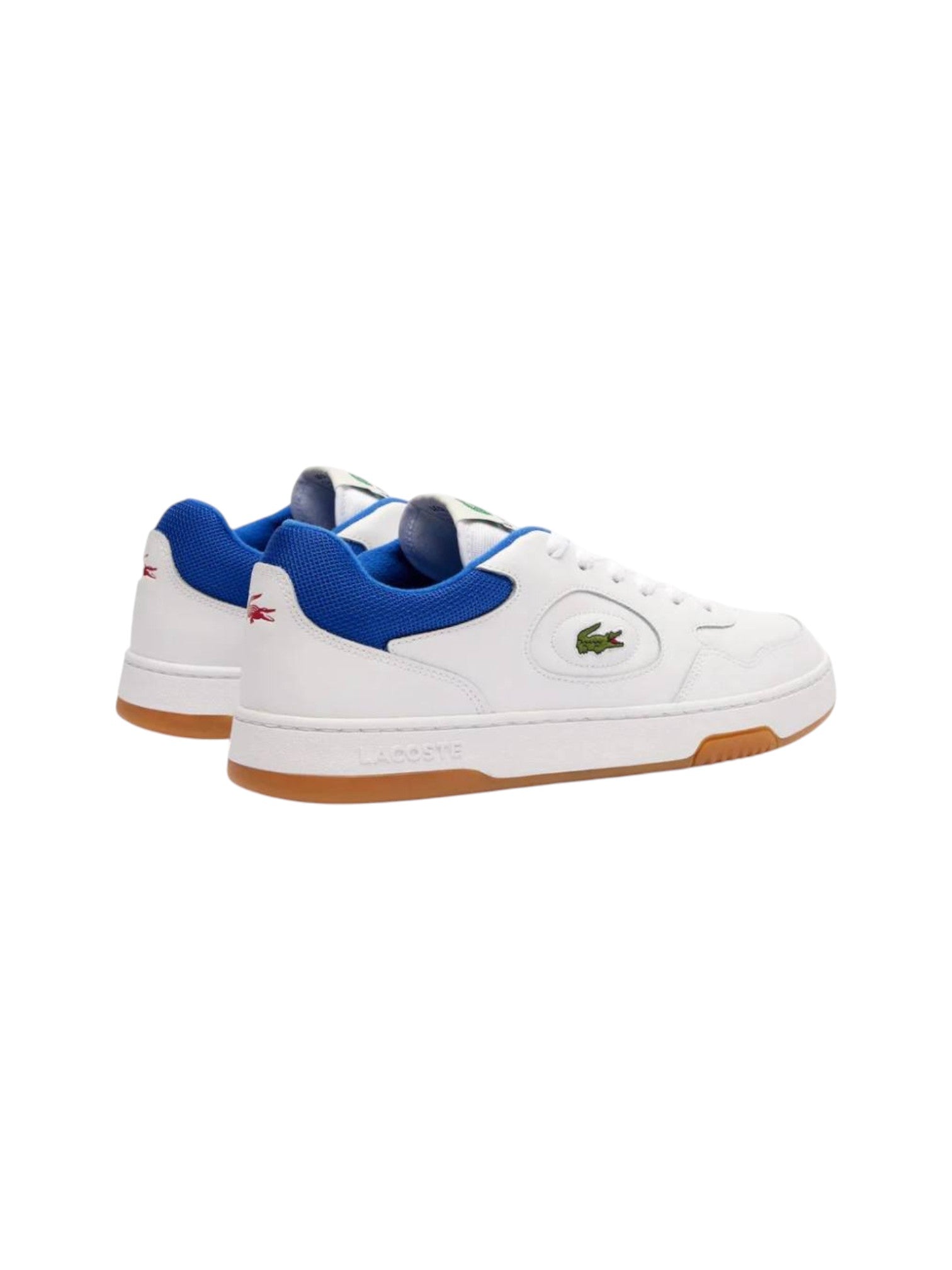 White sneakers with blue accents on a white background. Lacoste, Monza Outlet, Monza Fashion, Shein Outlet