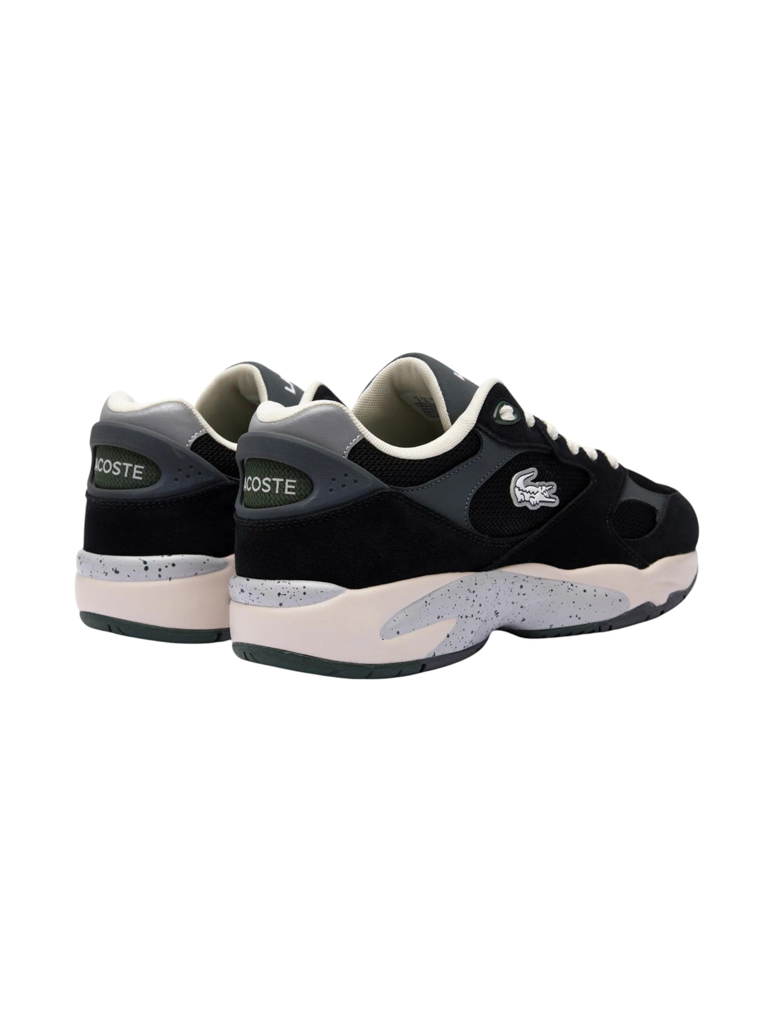 Black and gray sneakers with a visible brand logo on a white background. Lacoste, Monza Outlet, Monza Fashion, Shein Outlet