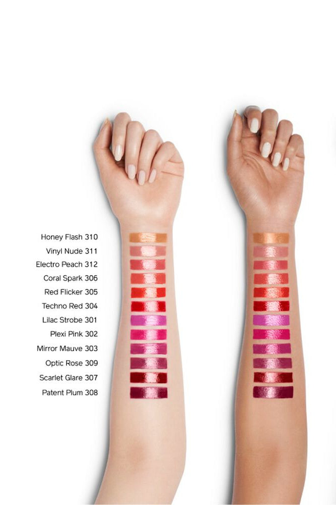 Lip swatches on three different skin tones with color names listed.