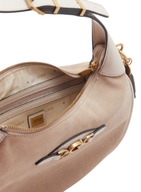 Close-up of a beige handbag with gold accents on a white background. Guess, Monza Outlet, Monza Fashion, Shein Outlet