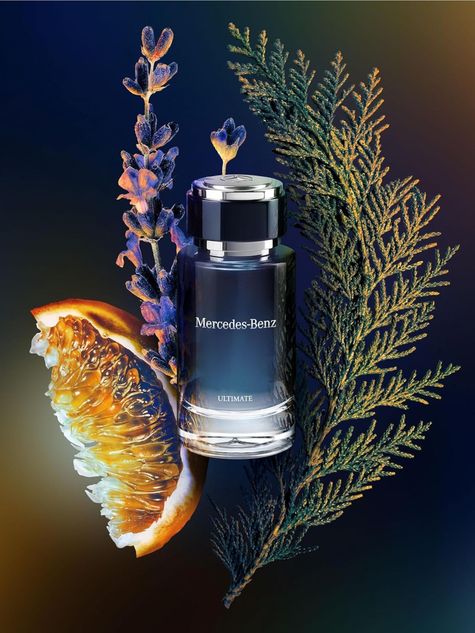 Mercedes-Benz perfume bottle with orange slice and leaves on a dark background. Mercedes Benz, Monza Outlet, Monza Fashion, Shein Outlet