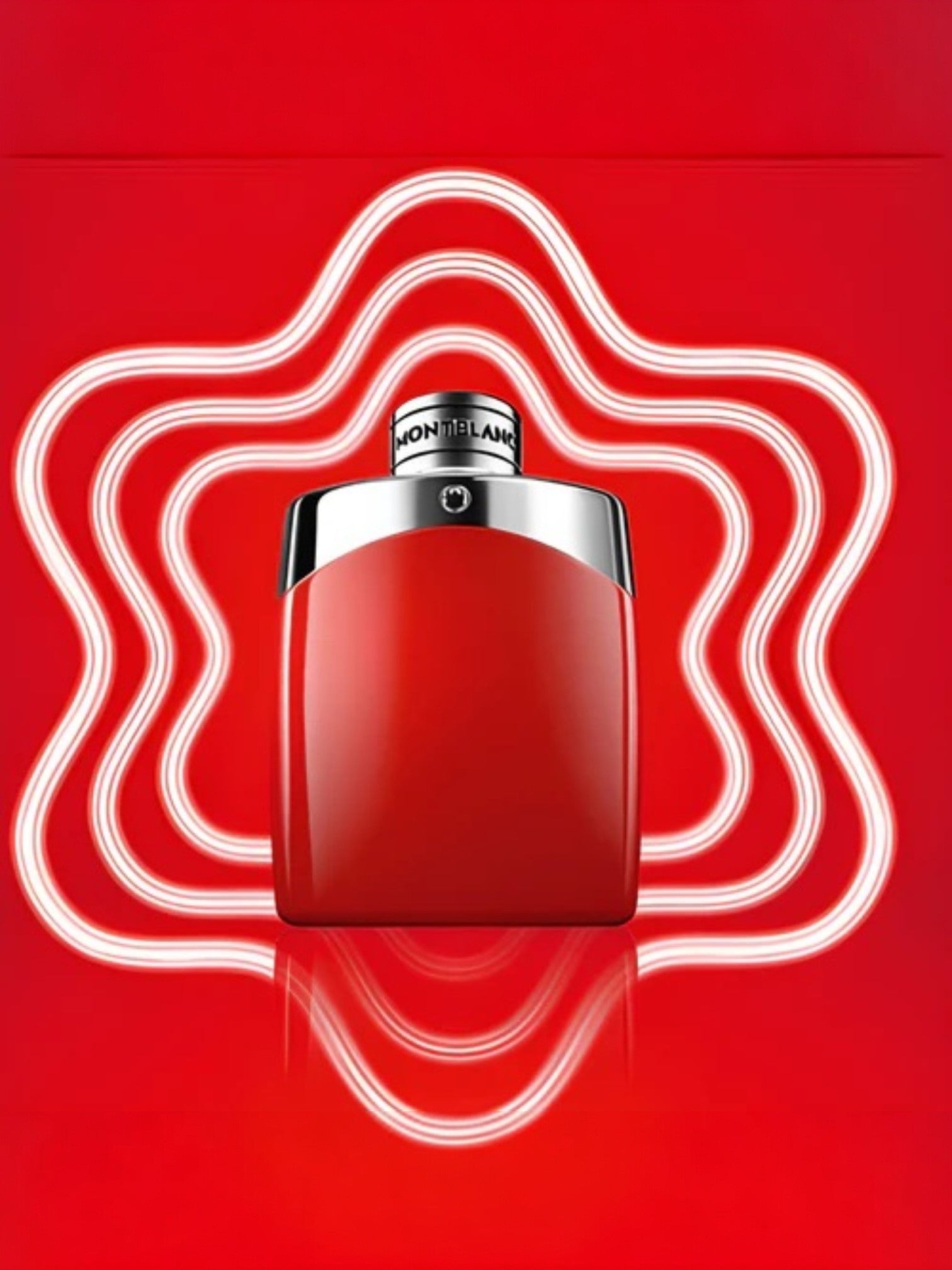 Red Montblanc perfume bottle on a red background with white wavy lines monza outlet, Shein outlet, monza fashion
