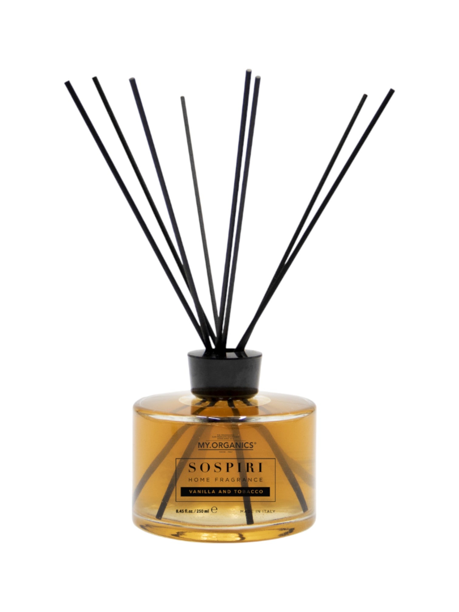 Reed diffuser with black sticks and a clear bottle on a white background. My Organics, Monza Outlet, Monza Fashion, Shein Outlet