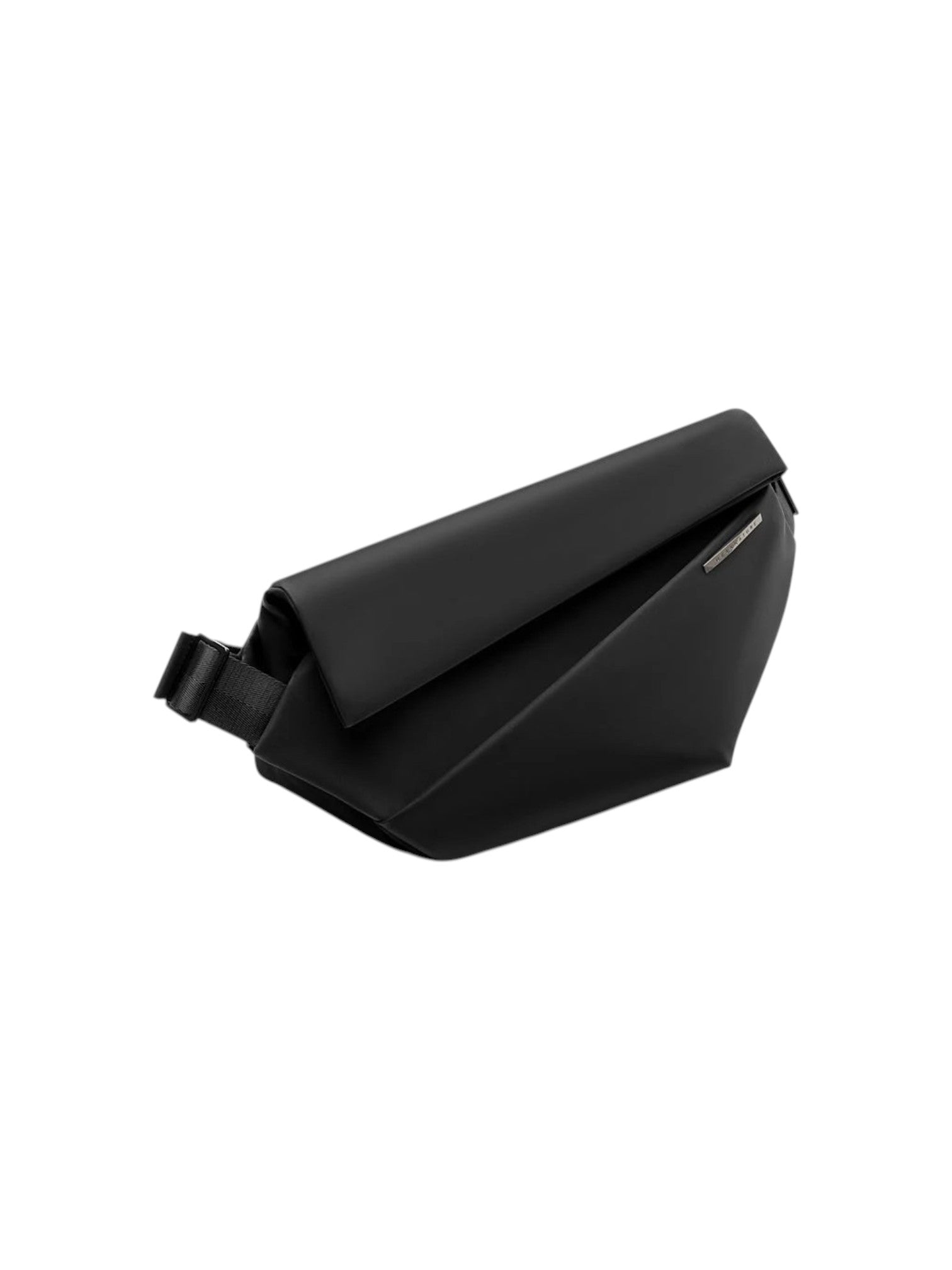 A black leather belt bag with a geometric, angular design and a black adjustable strap, shown on a plain white background. NIIDR, Monza Outlet, Monza Fashion, Shein Outlet