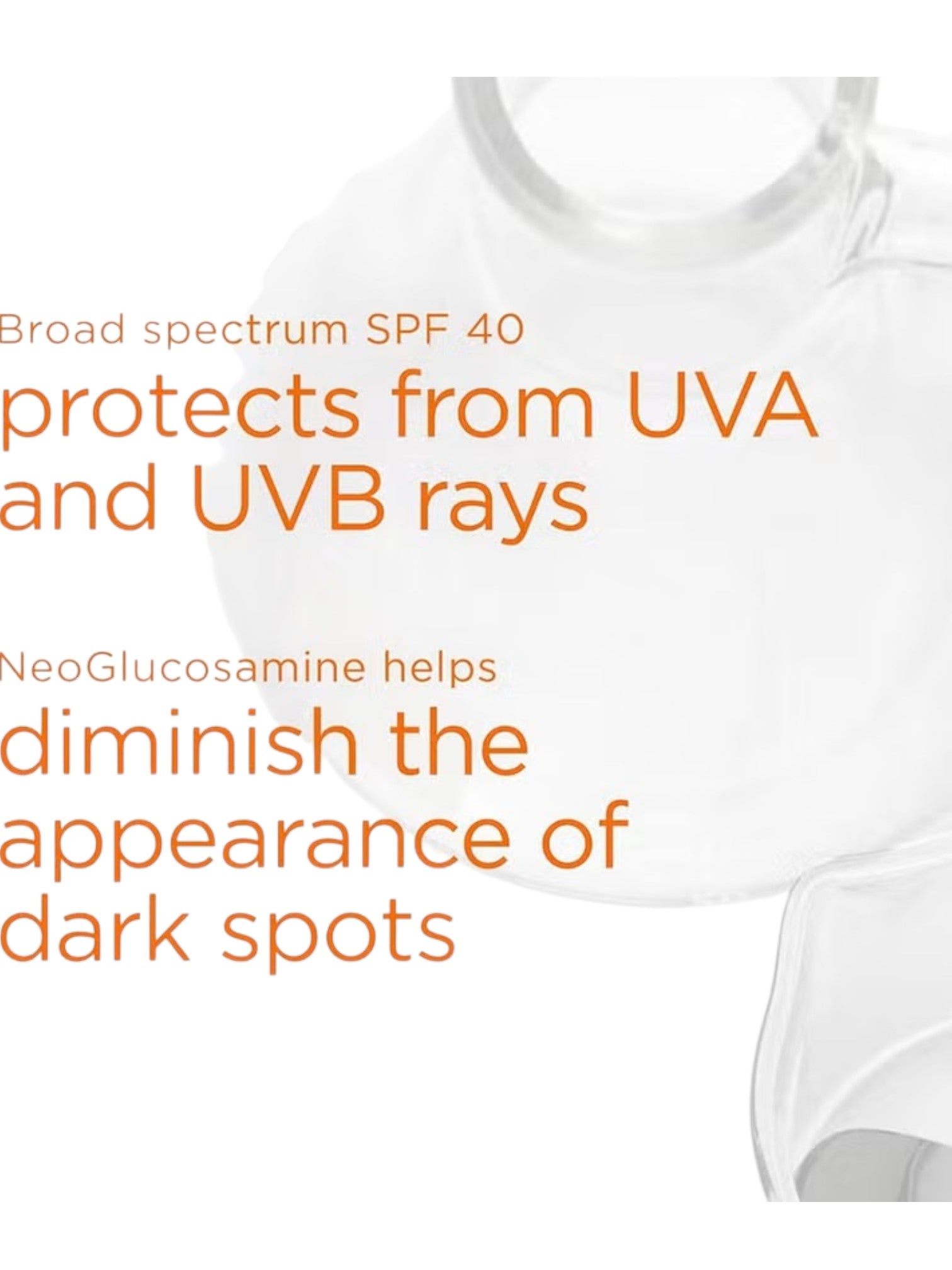 Product packaging with text about SPF 40 protection and NeoGlucosamine benefits on a white background. Neostrata, Monza Outlet, Monza Fashion, Shein Outlet