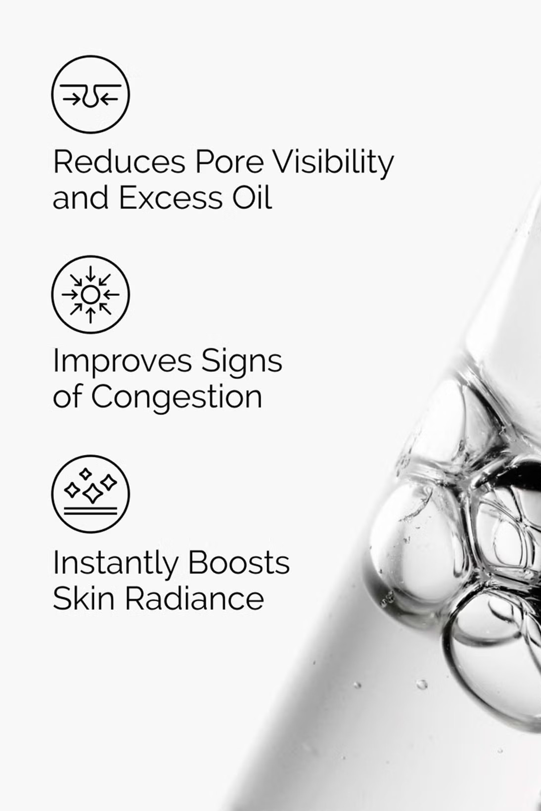 Product with bubbles and text highlighting benefits on a white background Monza fashion outlet, monza outlet, shein outlet, shien outlet cosmetics, makeup, perfume
