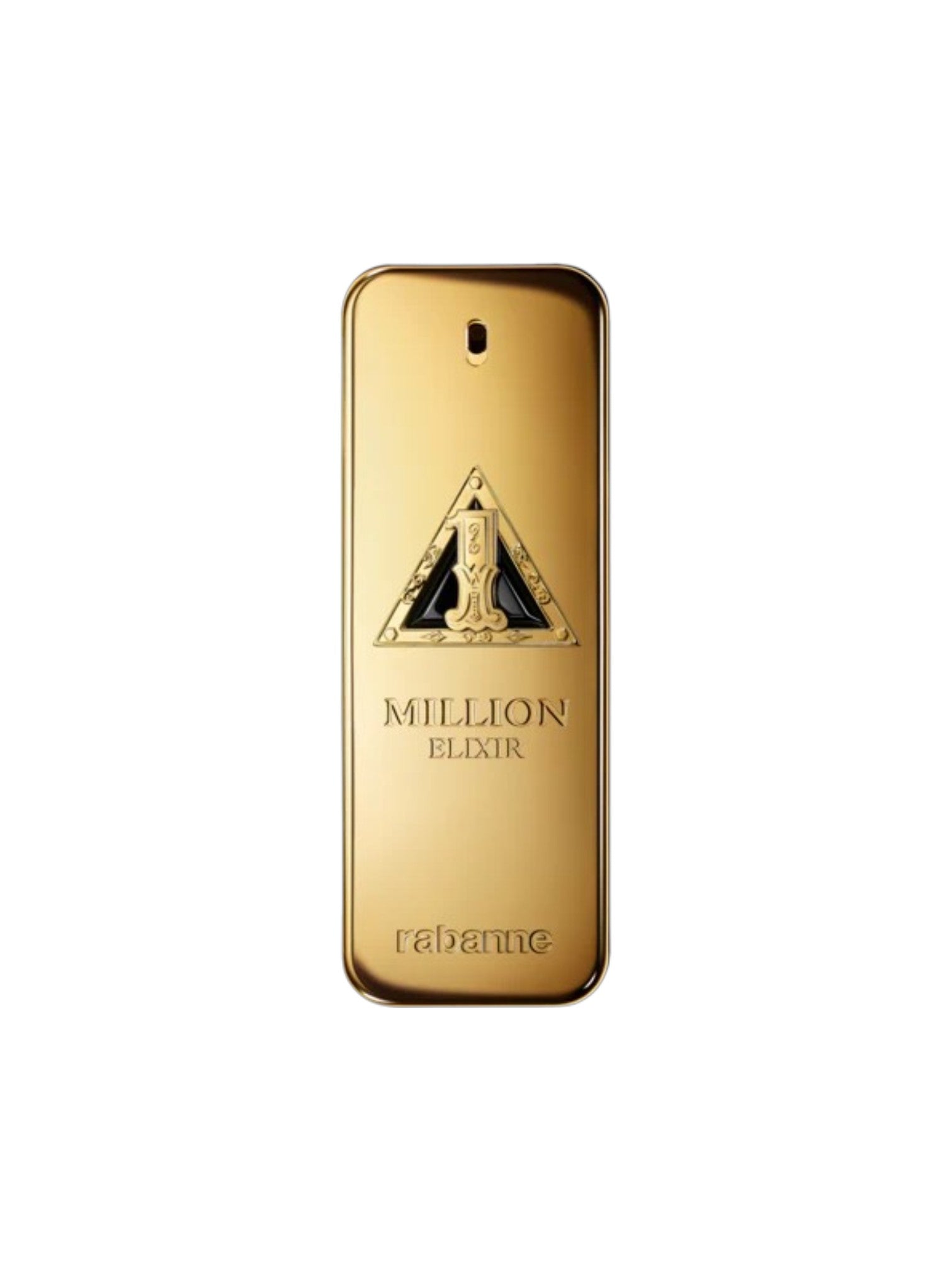 Gold perfume bottle labeled Milion Elixir by Rabane on a white background. Paco Rabanne, Monza Outlet, Monza Fashion, Shein Outlet