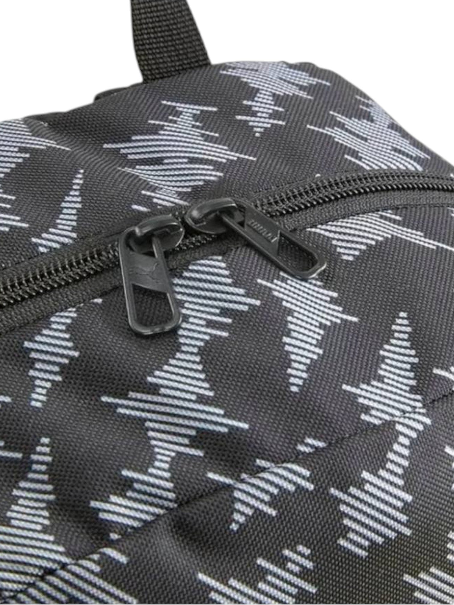 Close-up of a gray and white patterned bag with a zipper. Puma, Monza Outlet, Monza Fashion, Shein Outlet