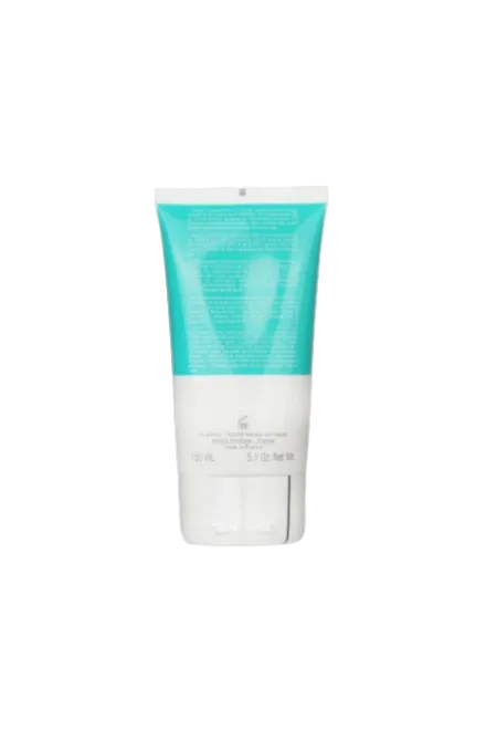 Tube of cream with turquoise cap and white body on a white background. Clarins, Monza Outlet, Monza Fashion, Shein Outlet