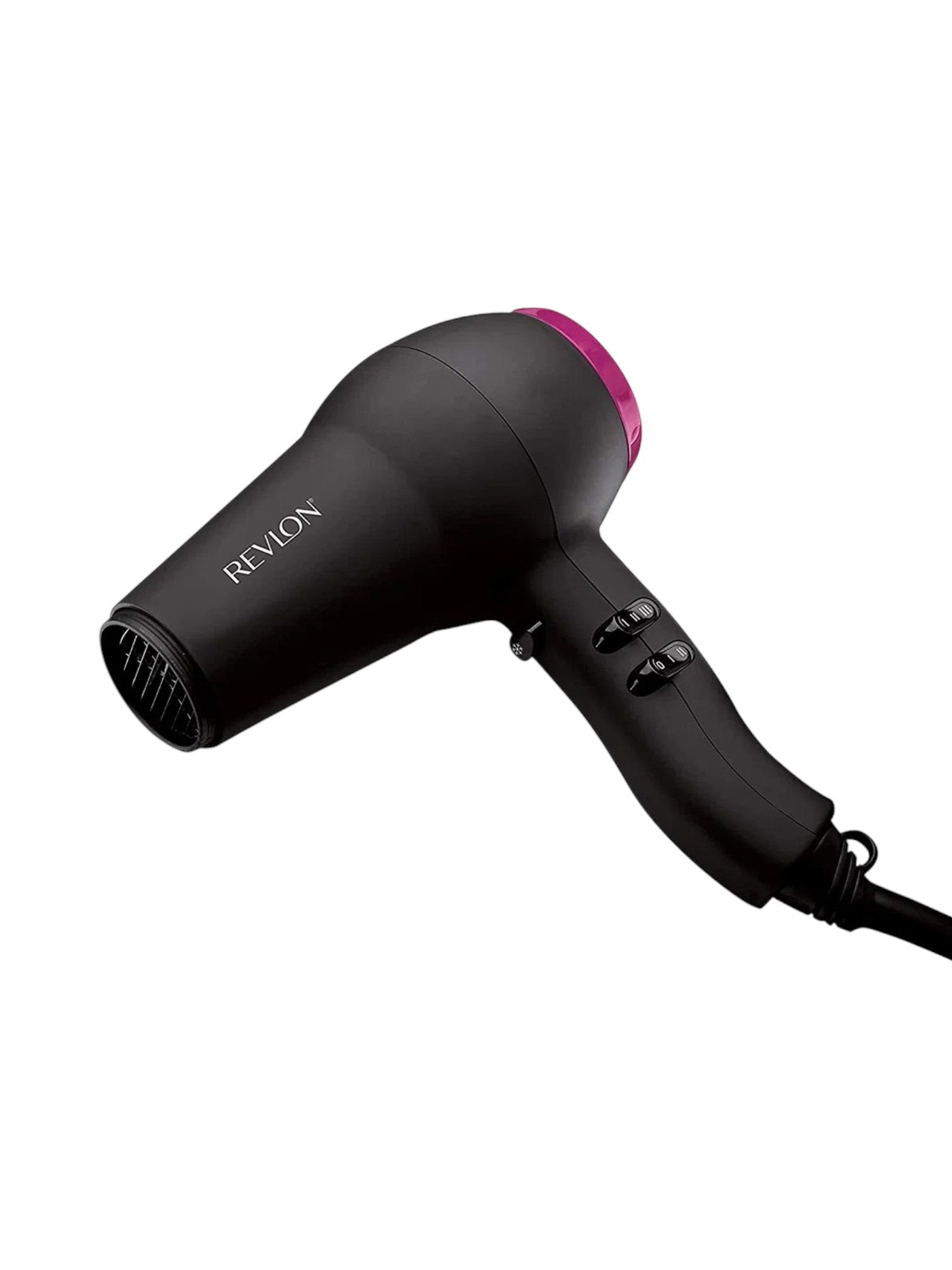 A black Revlon hair dryer with a pink accent ring around the nozzle, shown on a plain white background. Revlon, Monza Outlet, Monza Fashion, Shein Outlet