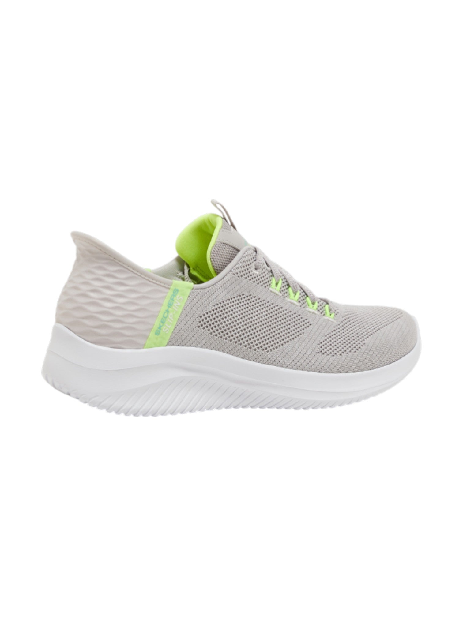 Gray athletic shoe with green accents on a white background. Skechers, Monza Outlet, Monza Fashion, Shein Outlet