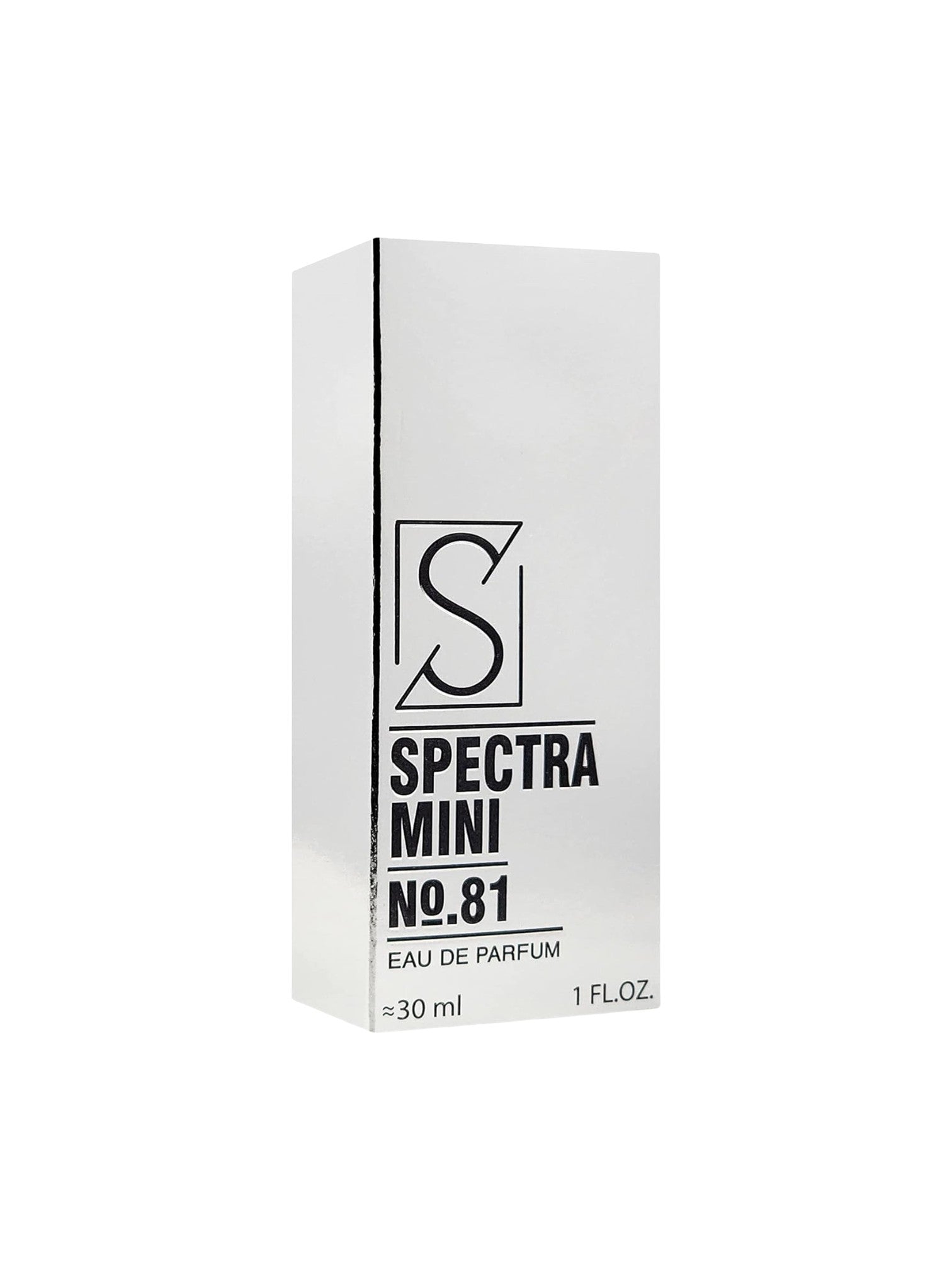 Spectra Mini No. 81 Eau de Parfum 30ml box, featuring a minimalist white packaging design with black text and a stylized S logo. Spectra Mini, Monza Outlet, Monza Fashion, Shein Outlet
