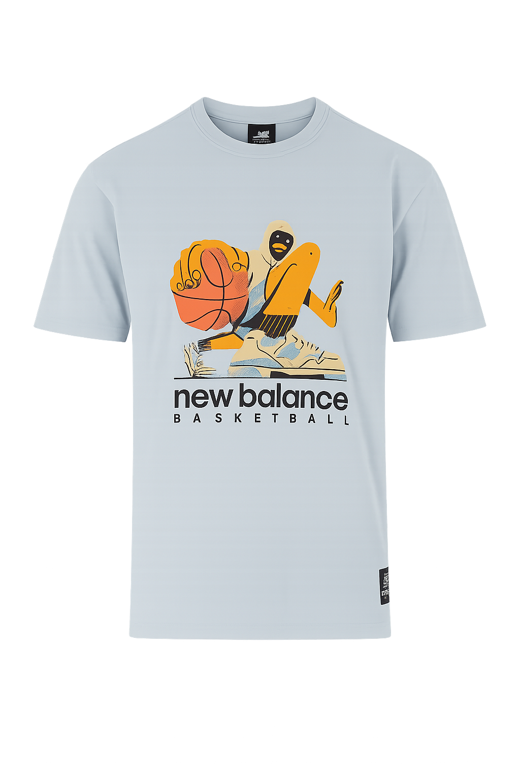 Light blue t-shirt with basketball graphic and 'New Balance Basketball' text on a white background. New Balance, Monza Outlet, Monza Fashion, Shein Outlet