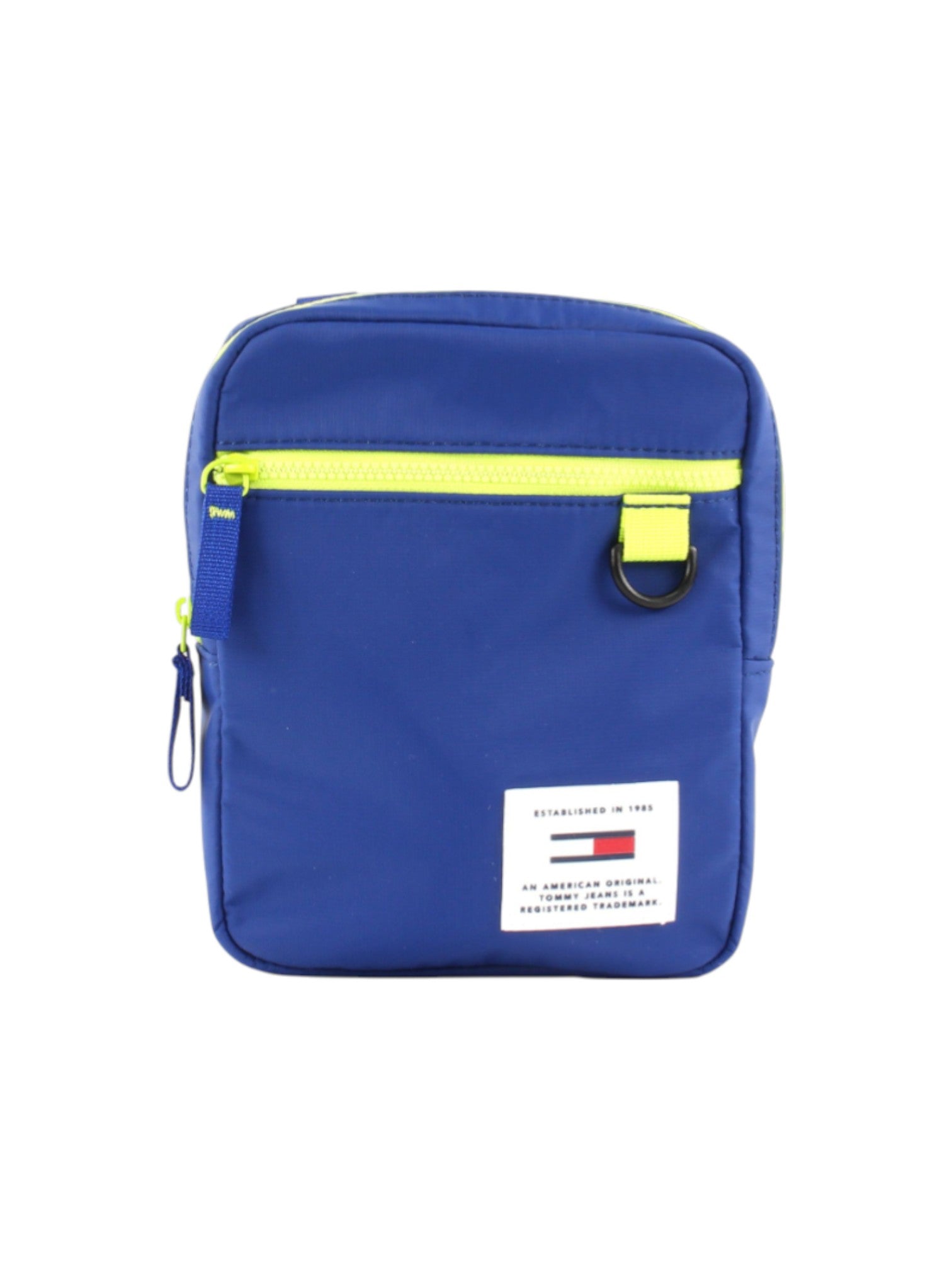 Blue crossbody bag with a yellow zipper on a white background. Tommy Hilfiger, Monza Outlet, Monza Fashion, Shein Outlet