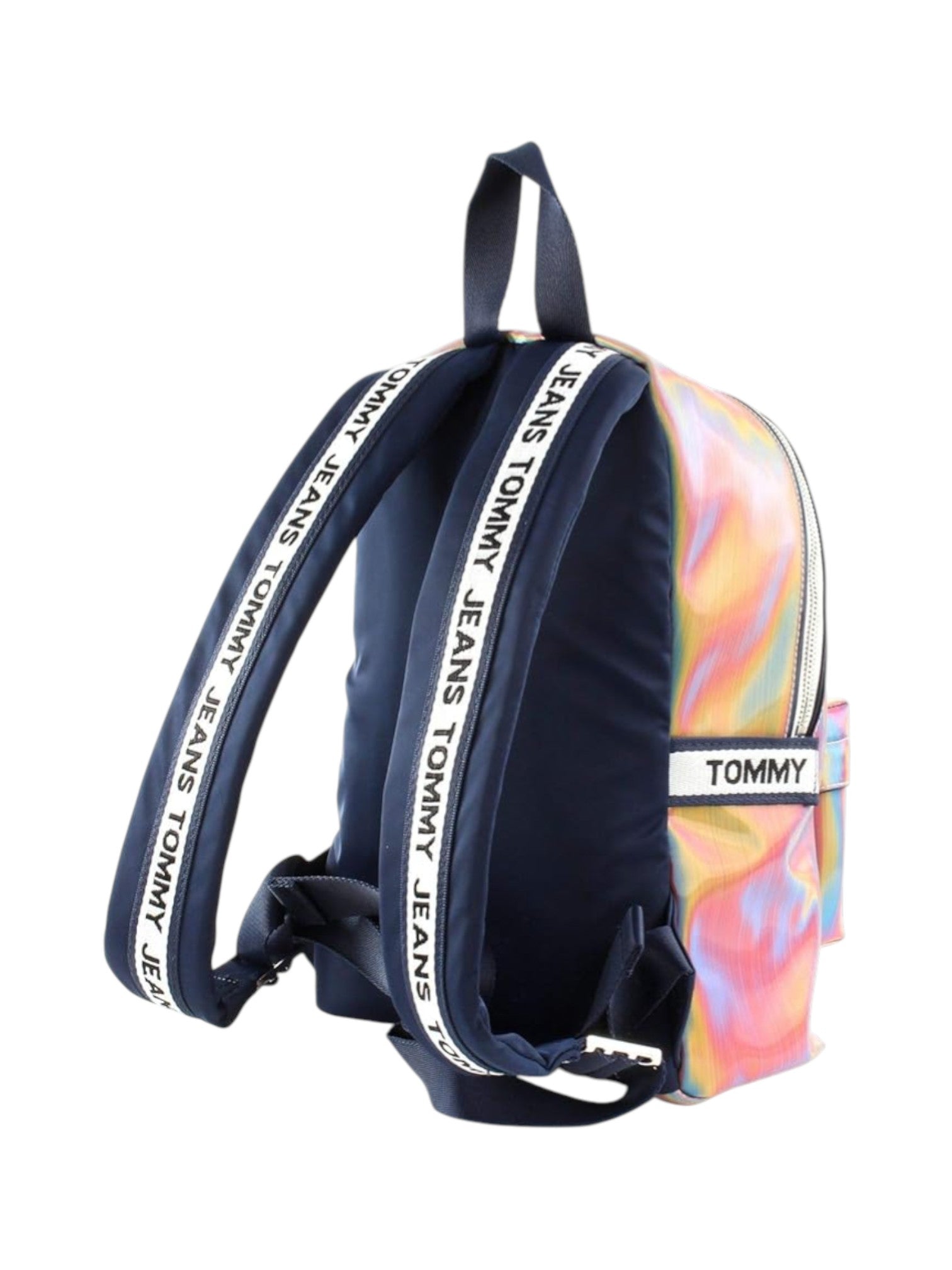 Backpack with colorful design and visible Tommy Jeans branding on a white background. Tommy Hilfiger, Monza Outlet, Monza Fashion, Shein Outlet
