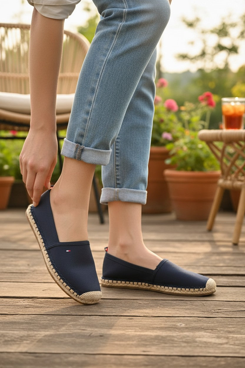 A person wearing light blue cuffed jeans and navy slipon espadrillestyle shoes with woven jute soles, standing on a wooden deck in an outdoor patio setting. Tommy Hilfiger, Monza Outlet, Monza Fashion, Shein Outlet