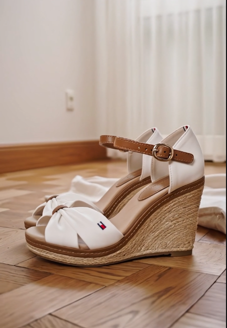 A pair of white wedge sandals with brown straps and espadrille style wedge heels, photographed on a wooden floor with a soft white curtain in the background. Tommy Hilfiger, Monza Outlet, Monza Fashion, Shein Outlet