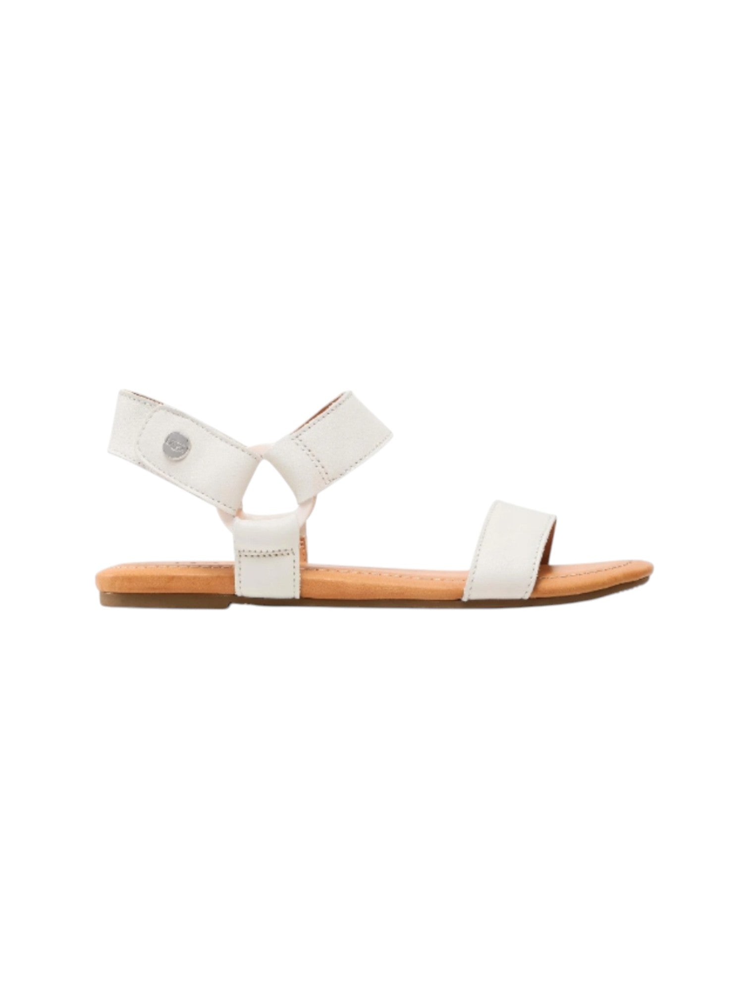 White sandal with a brown sole on a white background. UGG, Monza Outlet, Monza Fashion, Shein Outlet