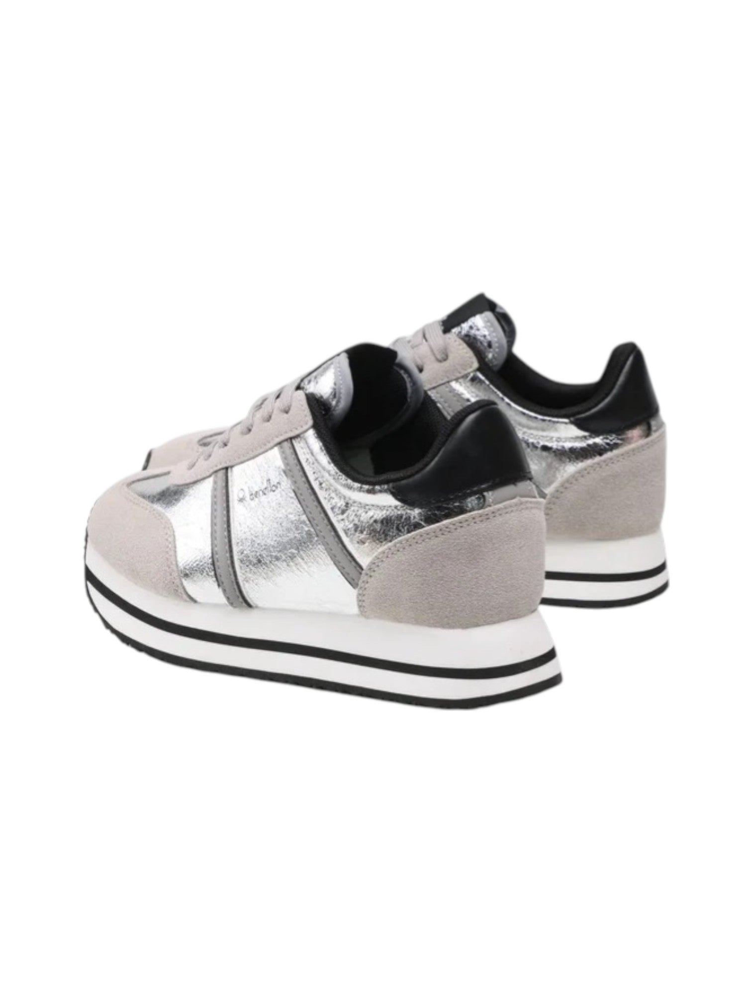 Silver and gray sneakers with black accents on a white background.  United Colors of Benetton, Monza Outlet, Monza Fashion, Shein Outlet 