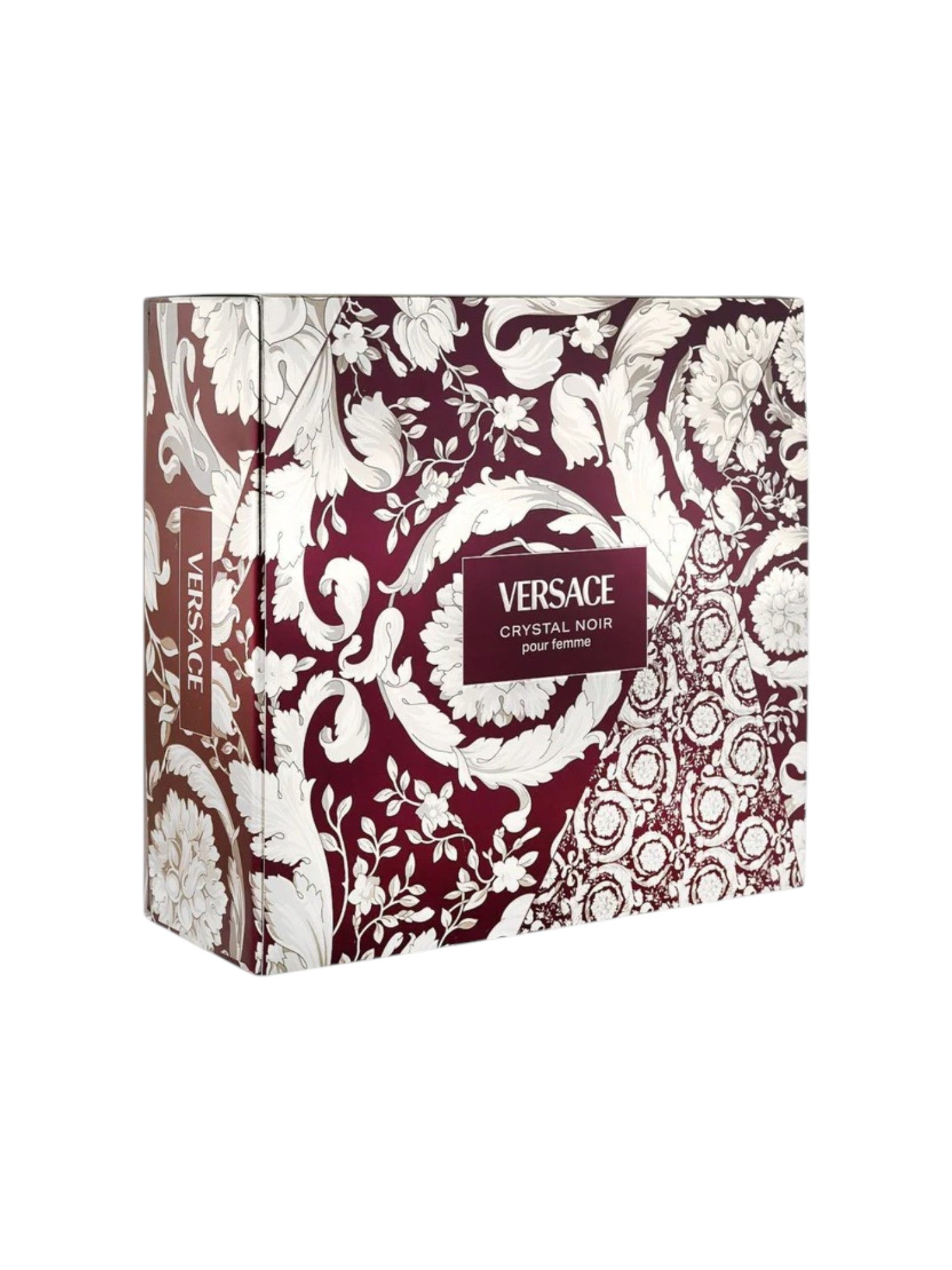 Versace Crystal Noir perfume box with intricate design on a white background. Versace, Monza Outlet, Monza Fashion, Shein Outlet