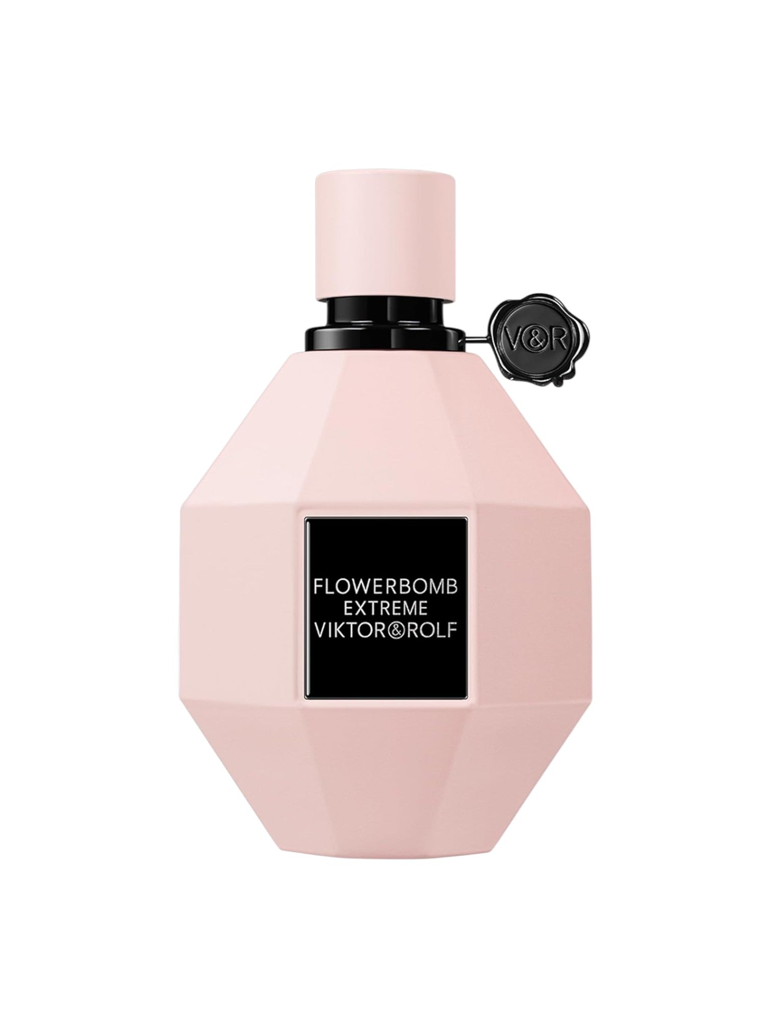 Pink perfume bottle with black label on a white background. Viktor Rolf, Monza Outlet, Monza Fashion, Shein Outlet