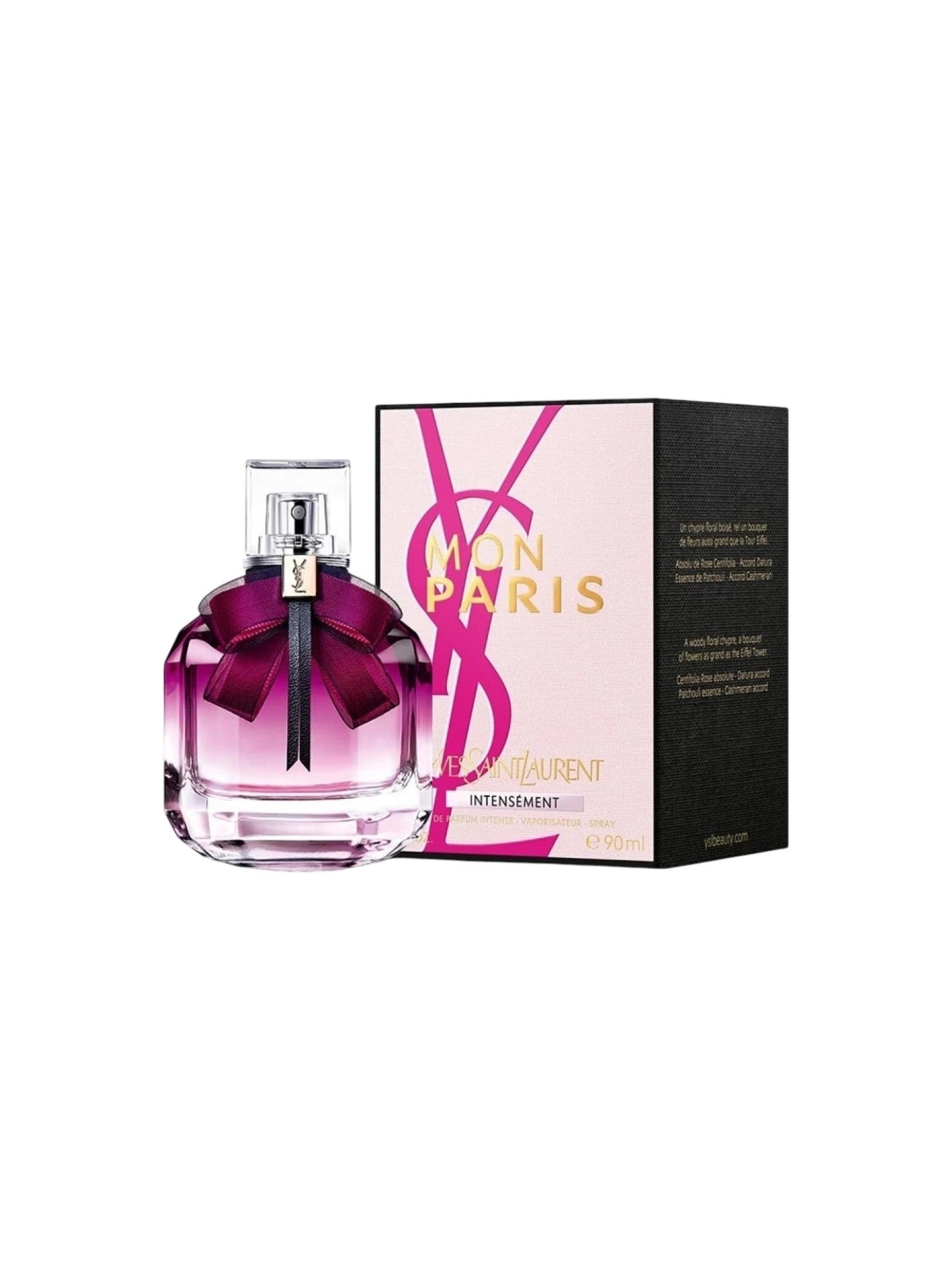 YSL Mon Paris perfume bottle and packaging on a white background. Yves Saint Laurent, Monza Outlet, Monza Fashion, Shein Outlet