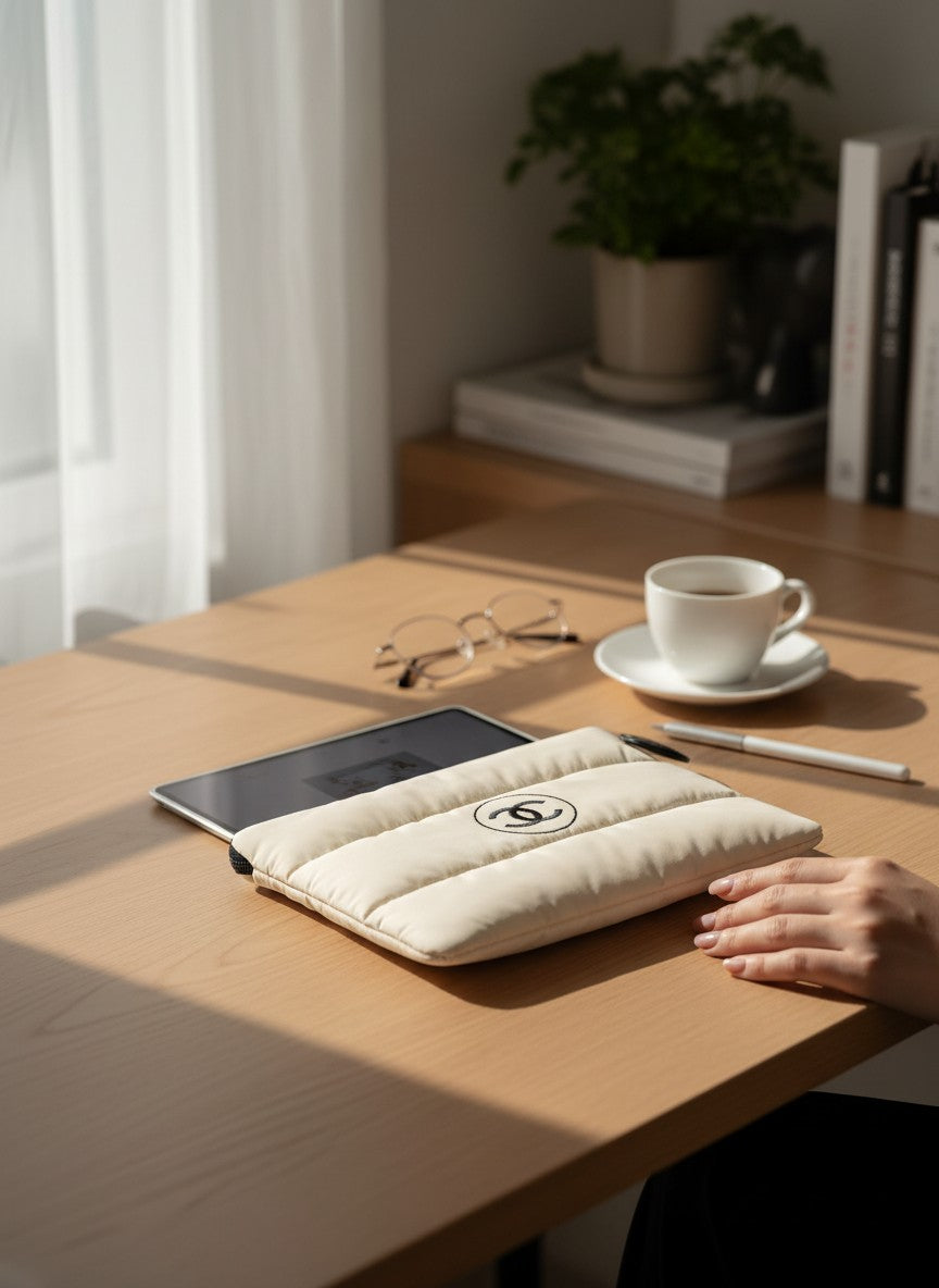 Desk with a tablet on a cushion, cup of coffee, glasses, and books in a cozy room. Chanel, Monza Outlet, Monza Fashion, Shein Outlet 